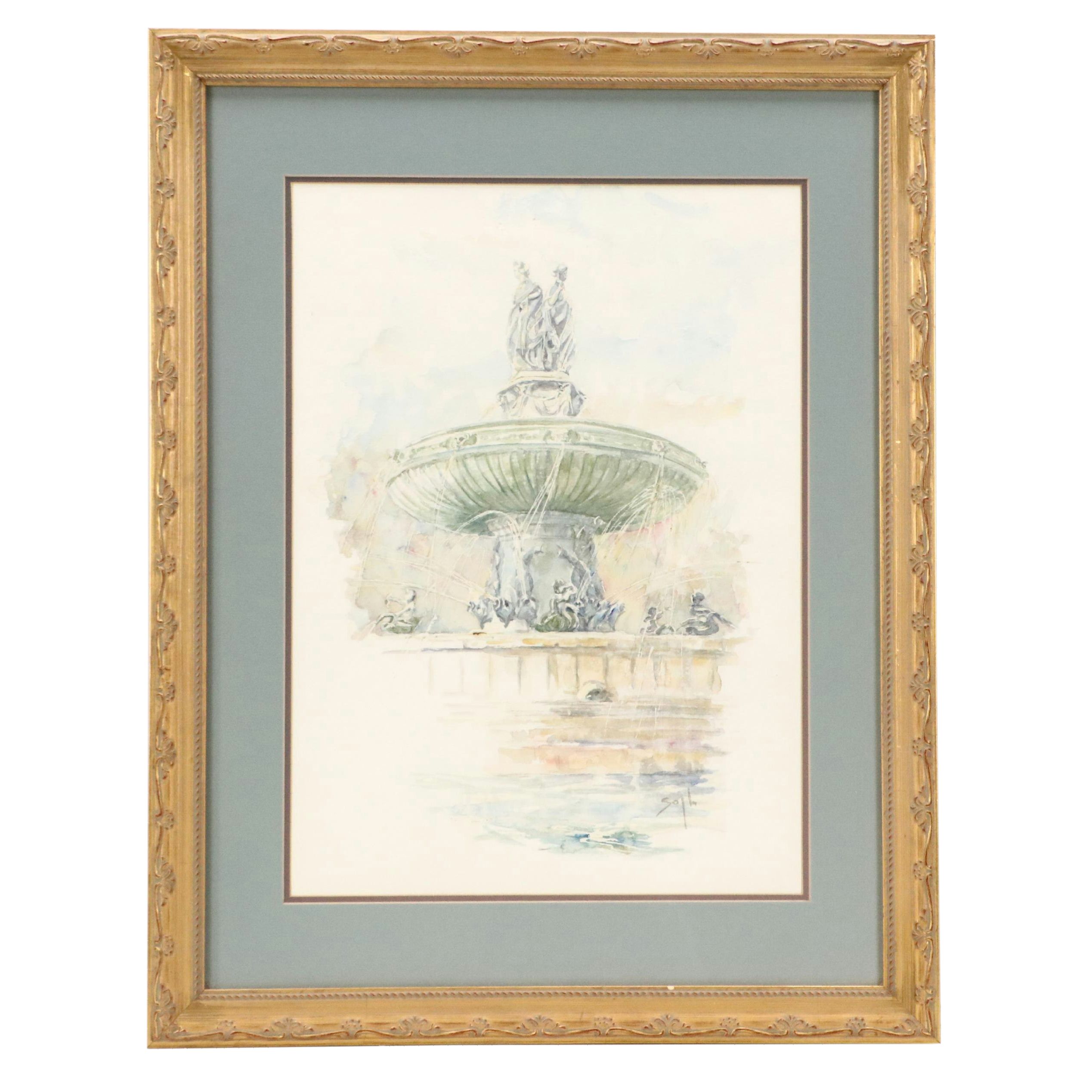 Watercolor Painting of Neoclassical Fountain, Late 20th Century