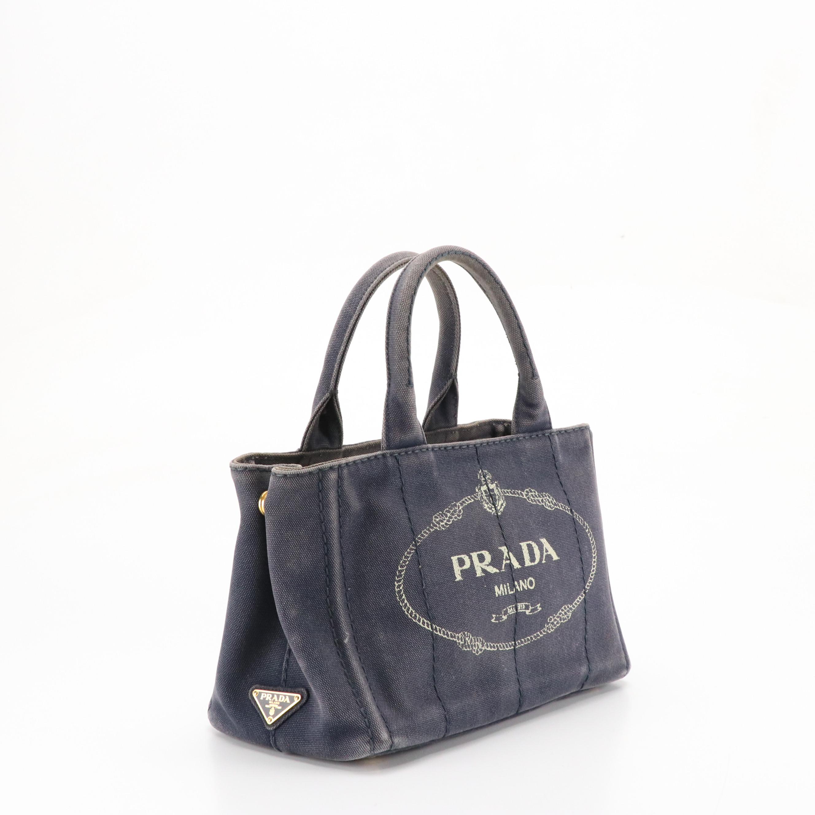 Prada Small Canapa Logo Tote in Dark Blue Washed Cotton Denim