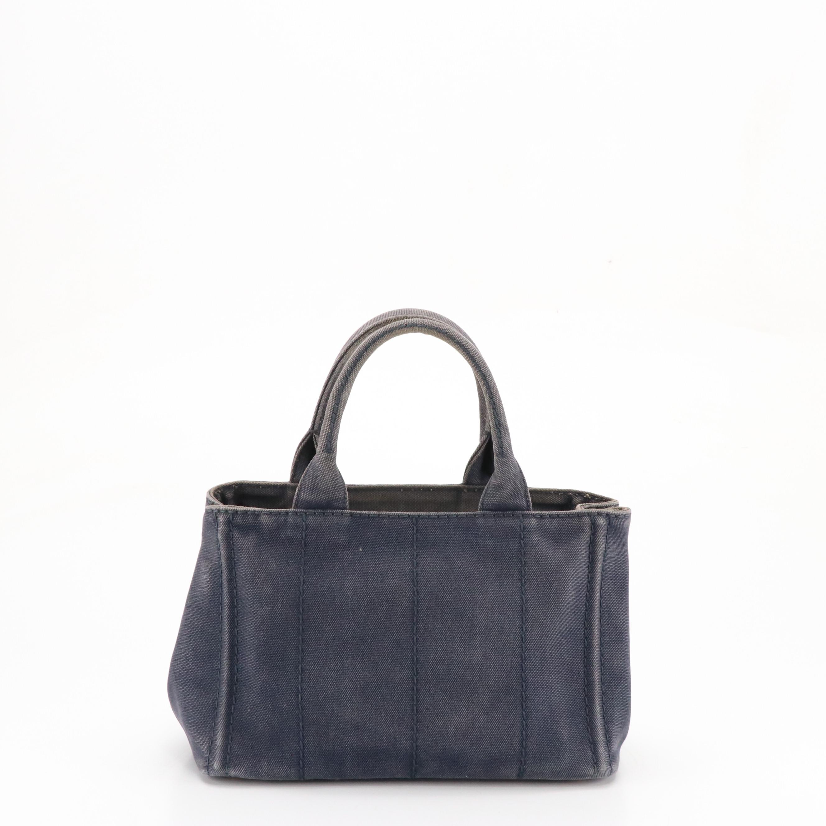 Prada Small Canapa Logo Tote in Dark Blue Washed Cotton Denim