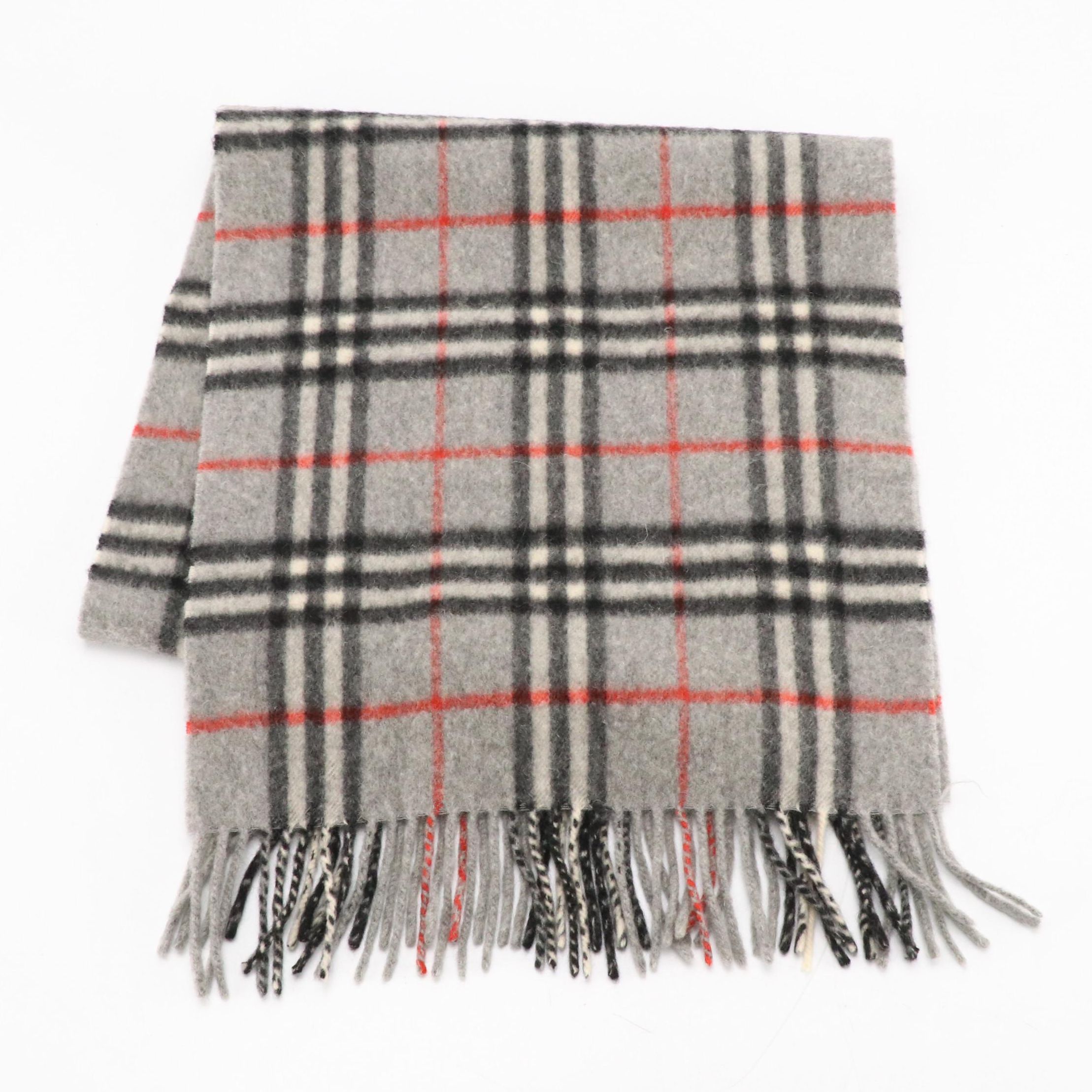 Burberrys Grey House Check Cashmere Fringe Scarf