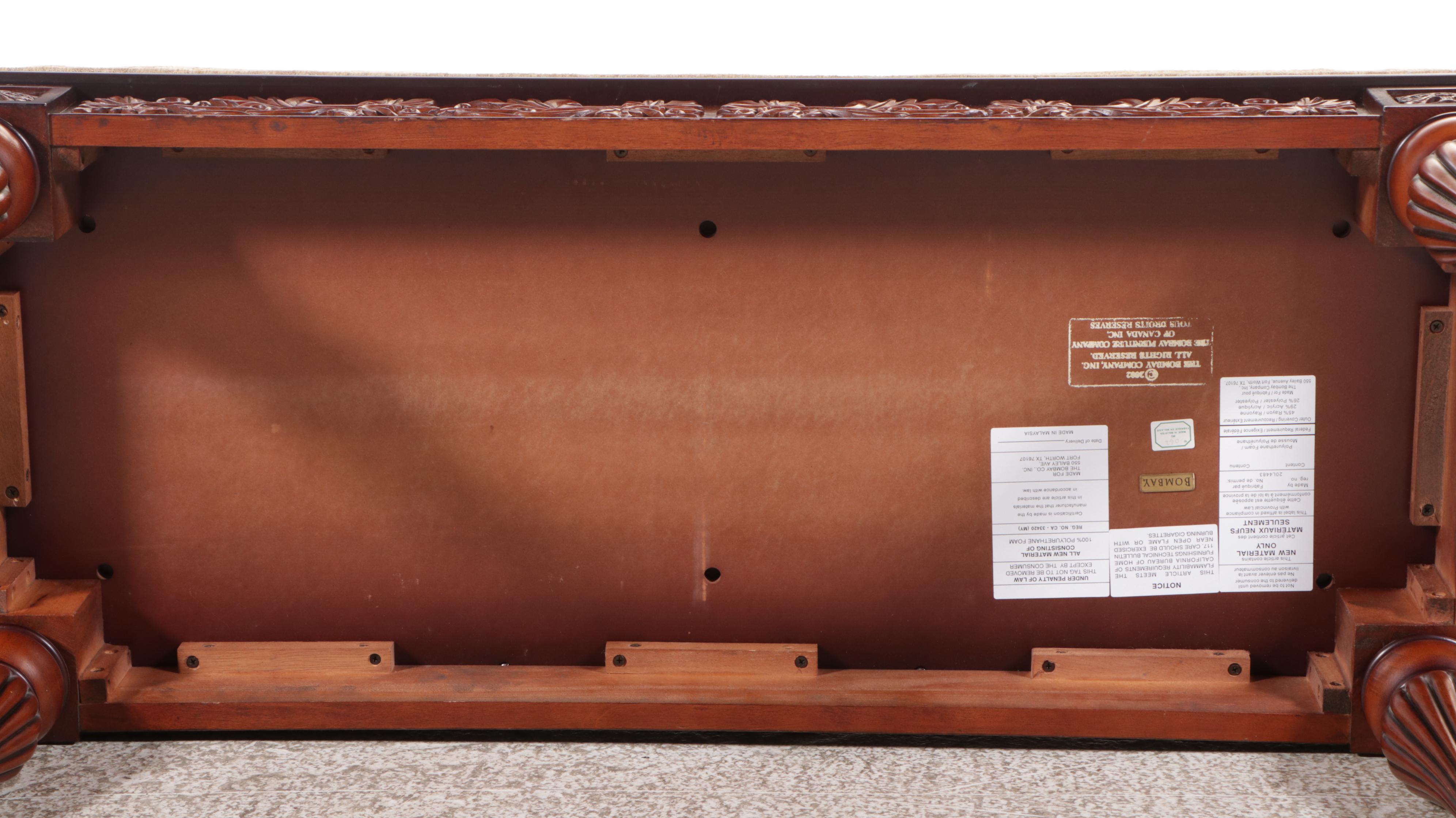 The Bombay Company Upholstered Carved Mahogany Bed Bench, 2002