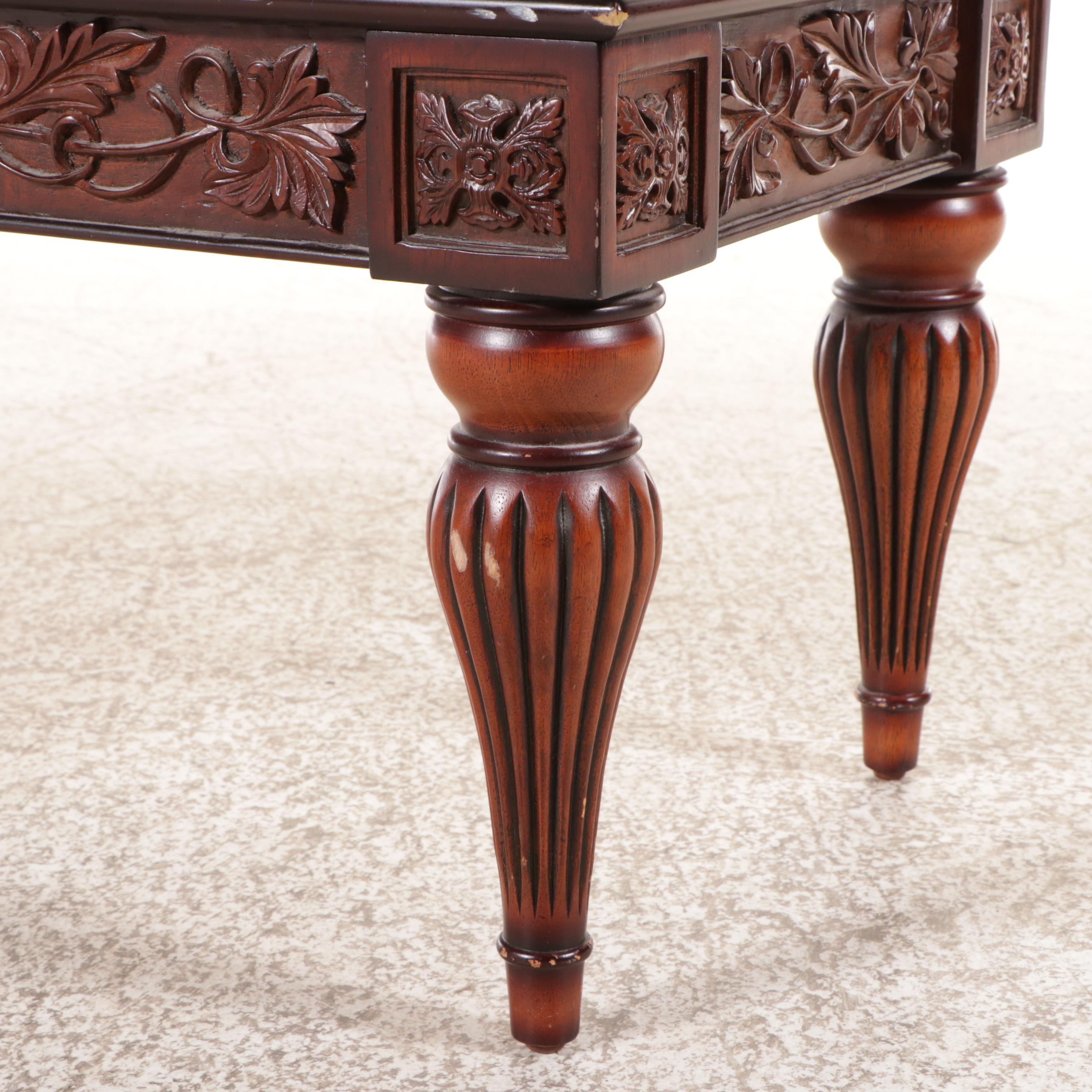 The Bombay Company Upholstered Carved Mahogany Bed Bench, 2002
