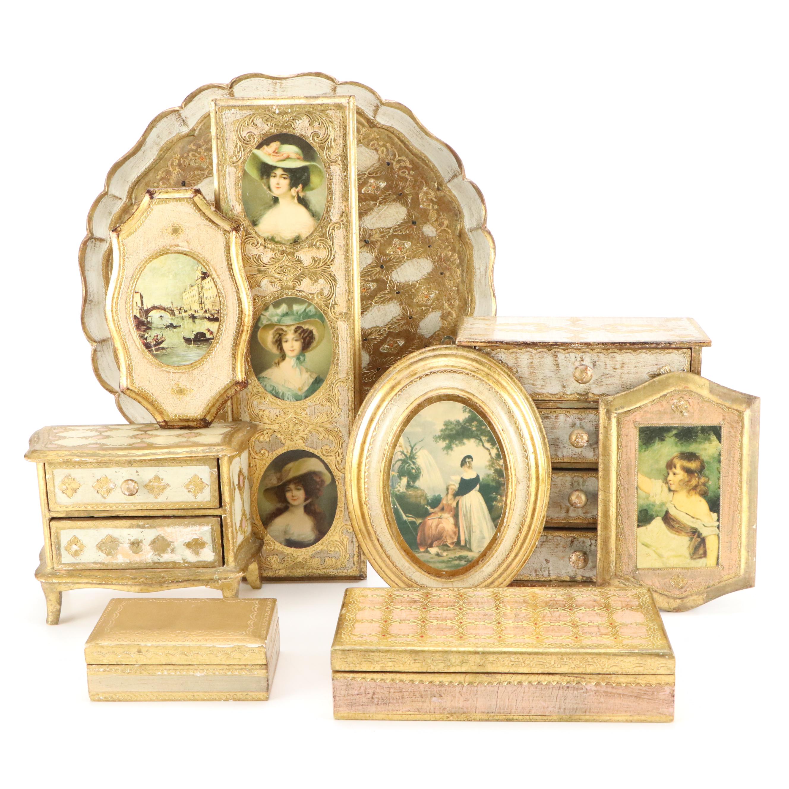 Florentine Gilt Miniature Dresser Jewelry Boxes and Other Italian Wood Décor