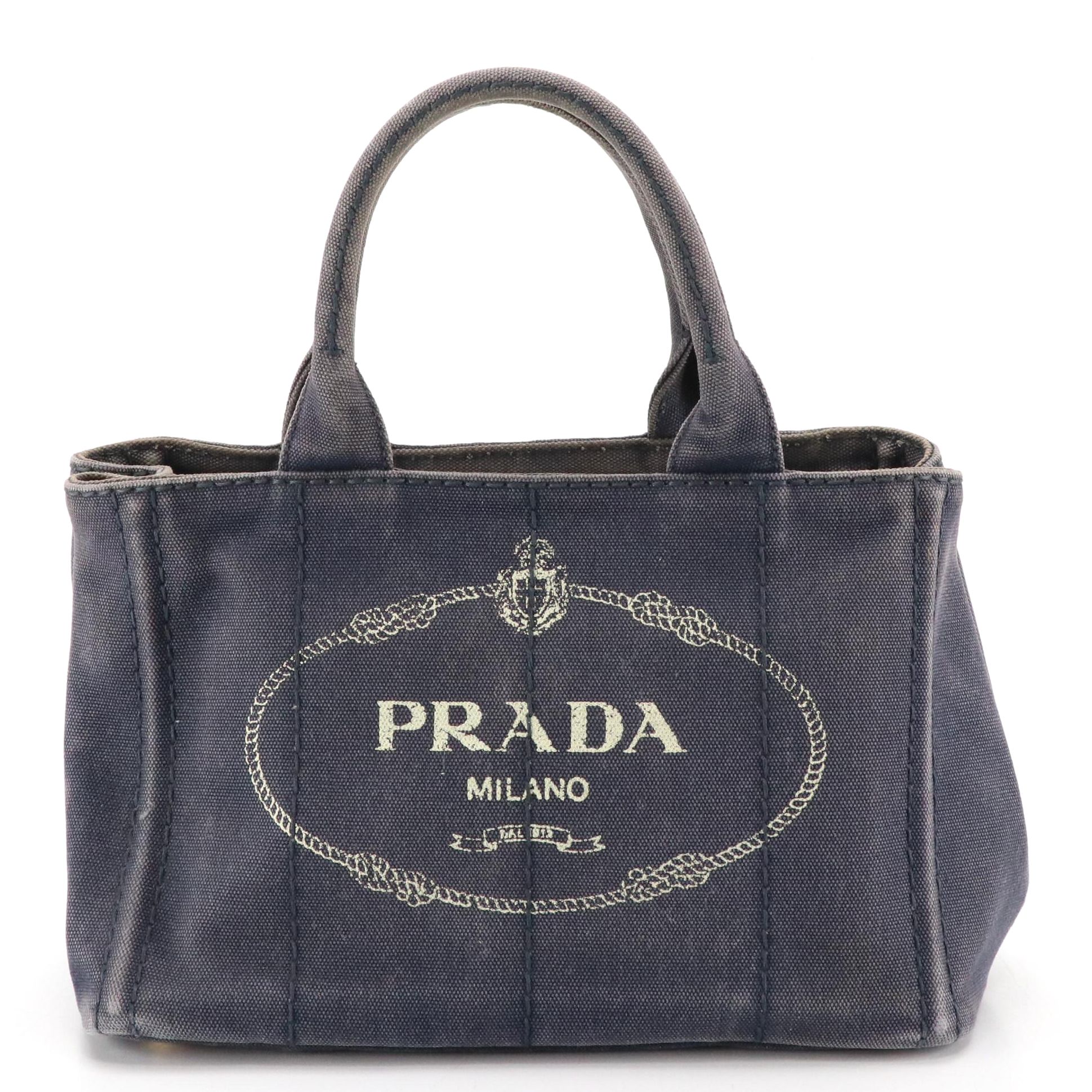 Prada Small Canapa Logo Tote in Dark Blue Washed Cotton Denim