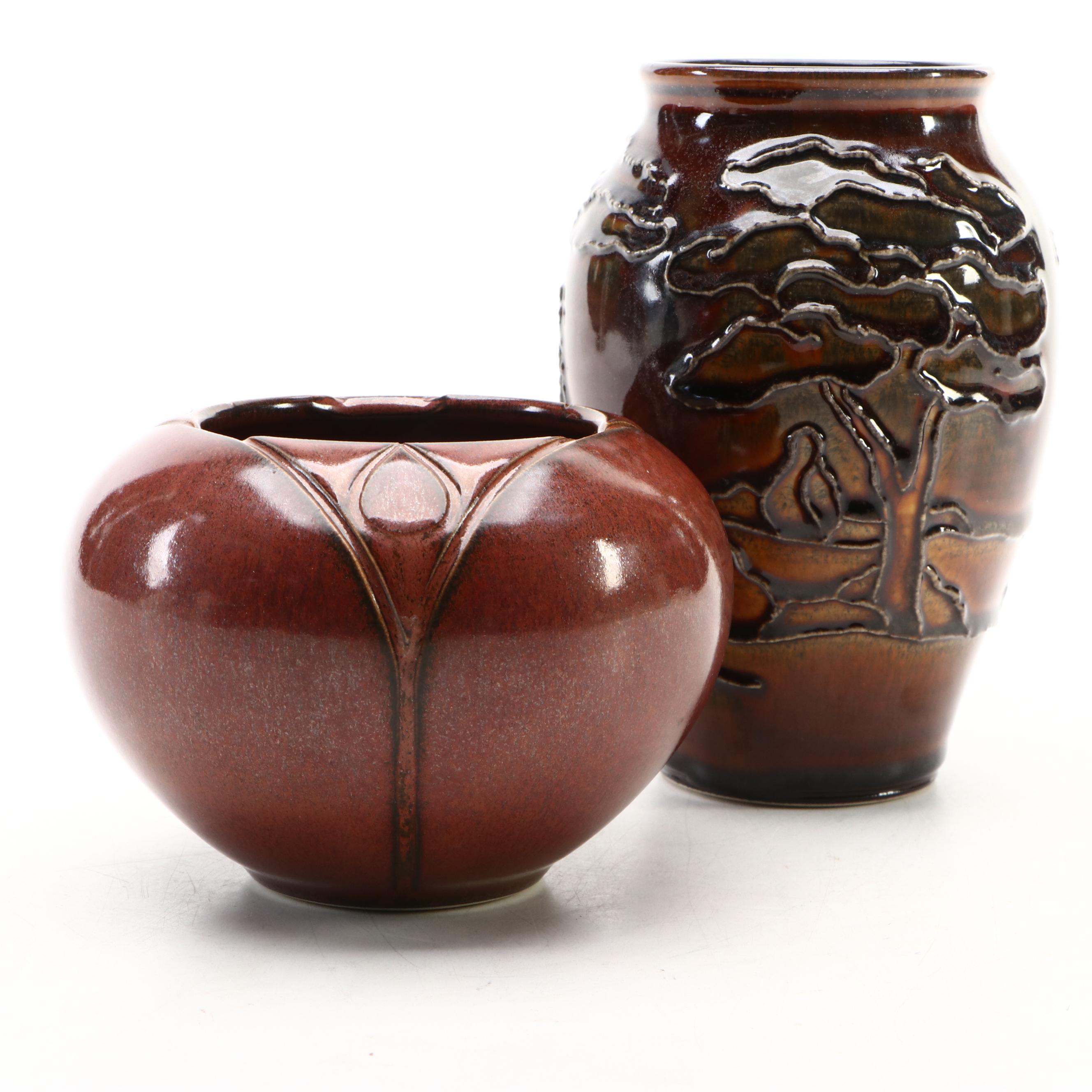 Artist Signed Glazed Brown Ceramic Vases