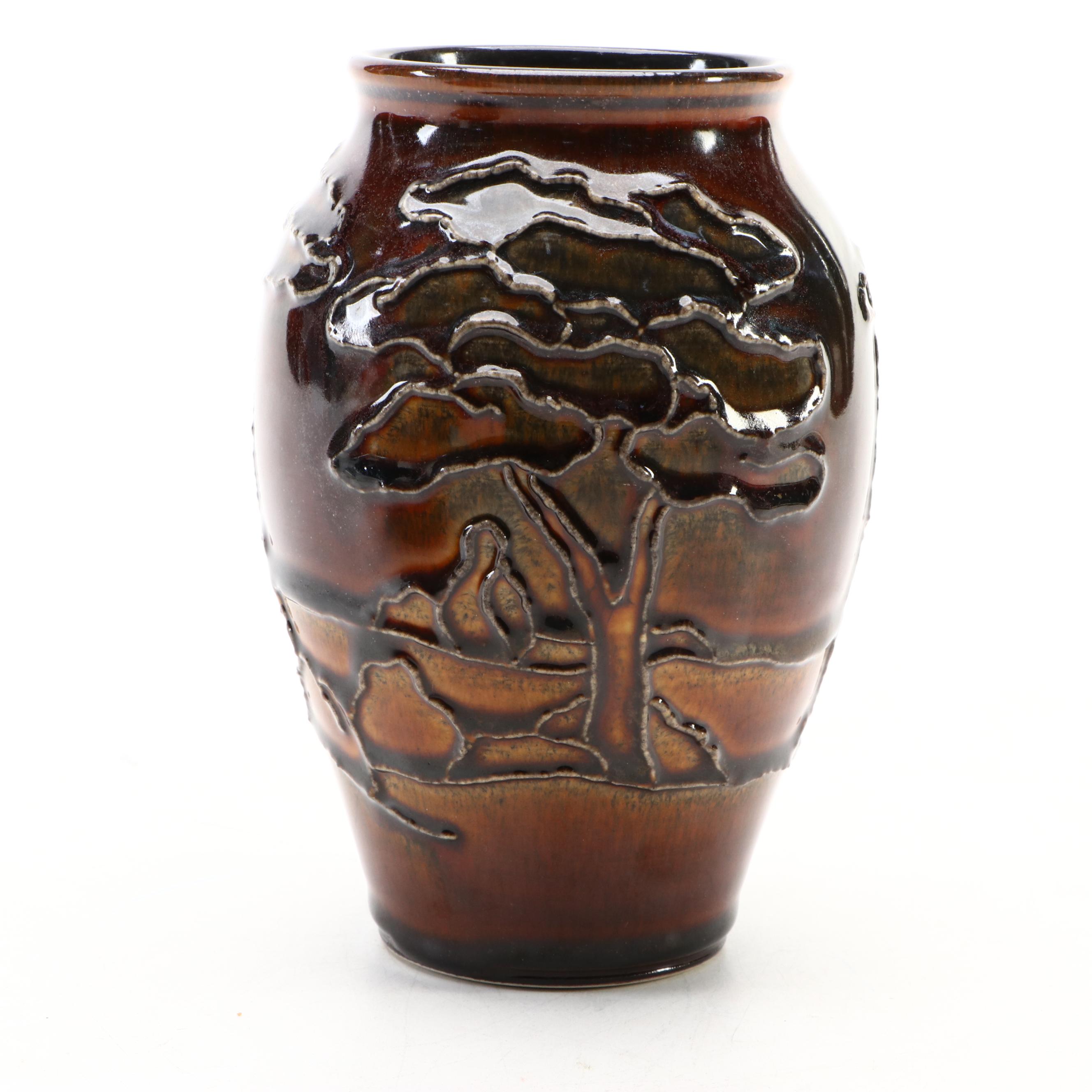 Artist Signed Glazed Brown Ceramic Vases