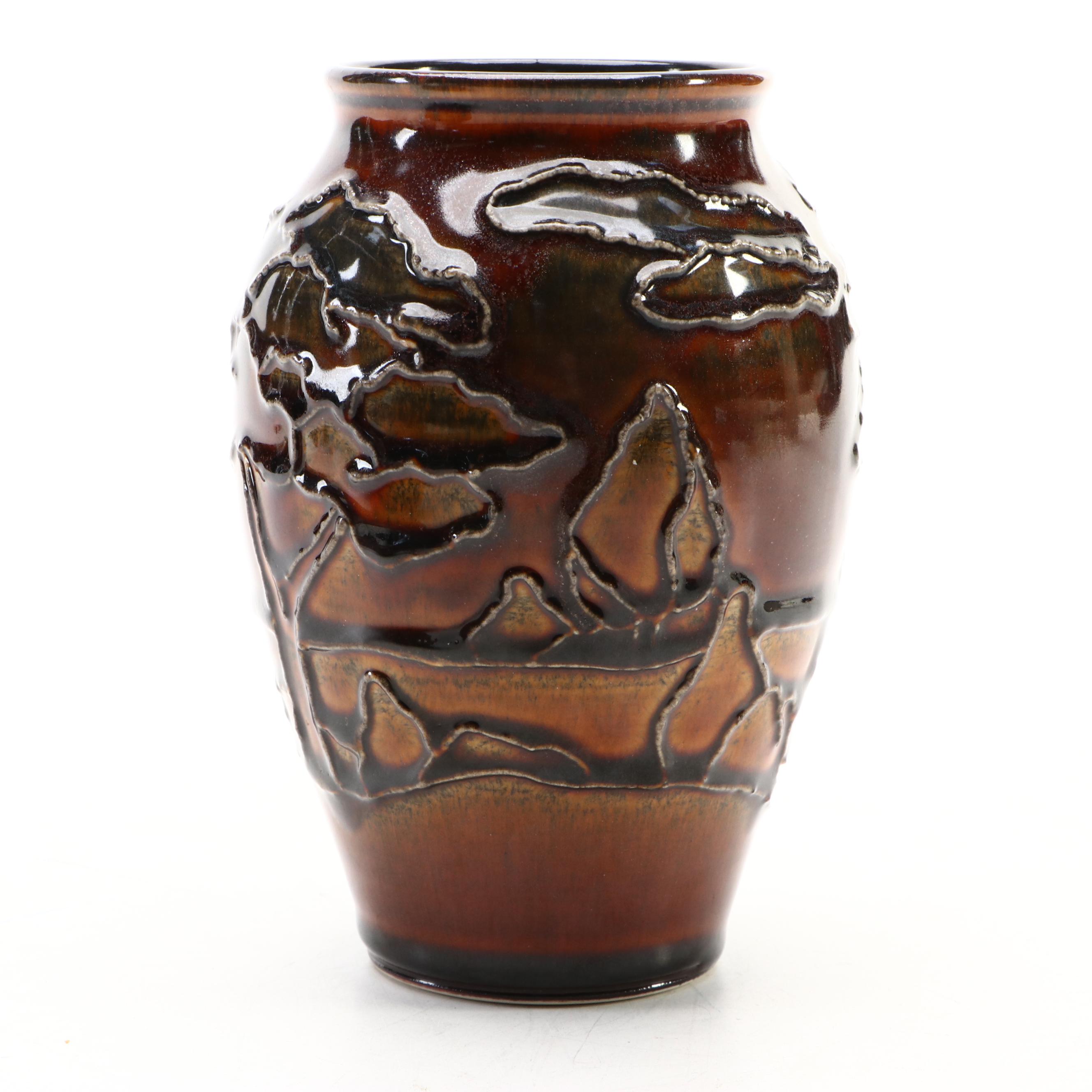 Artist Signed Glazed Brown Ceramic Vases