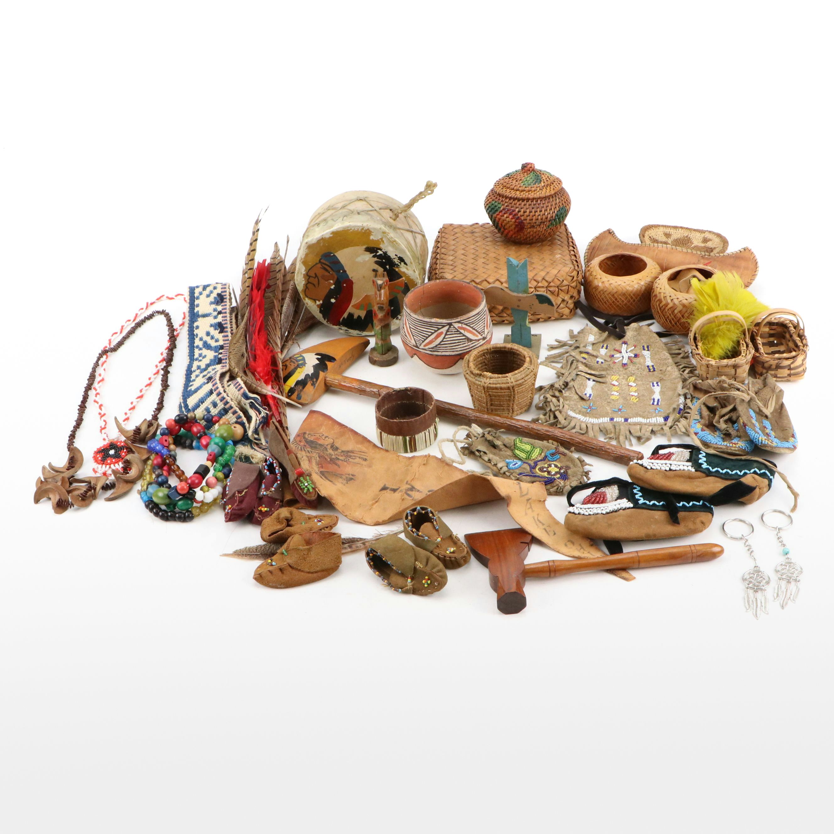 Hand-Beaded Youth Moccasins with Isleta Pottery, Other Indigenous American Décor