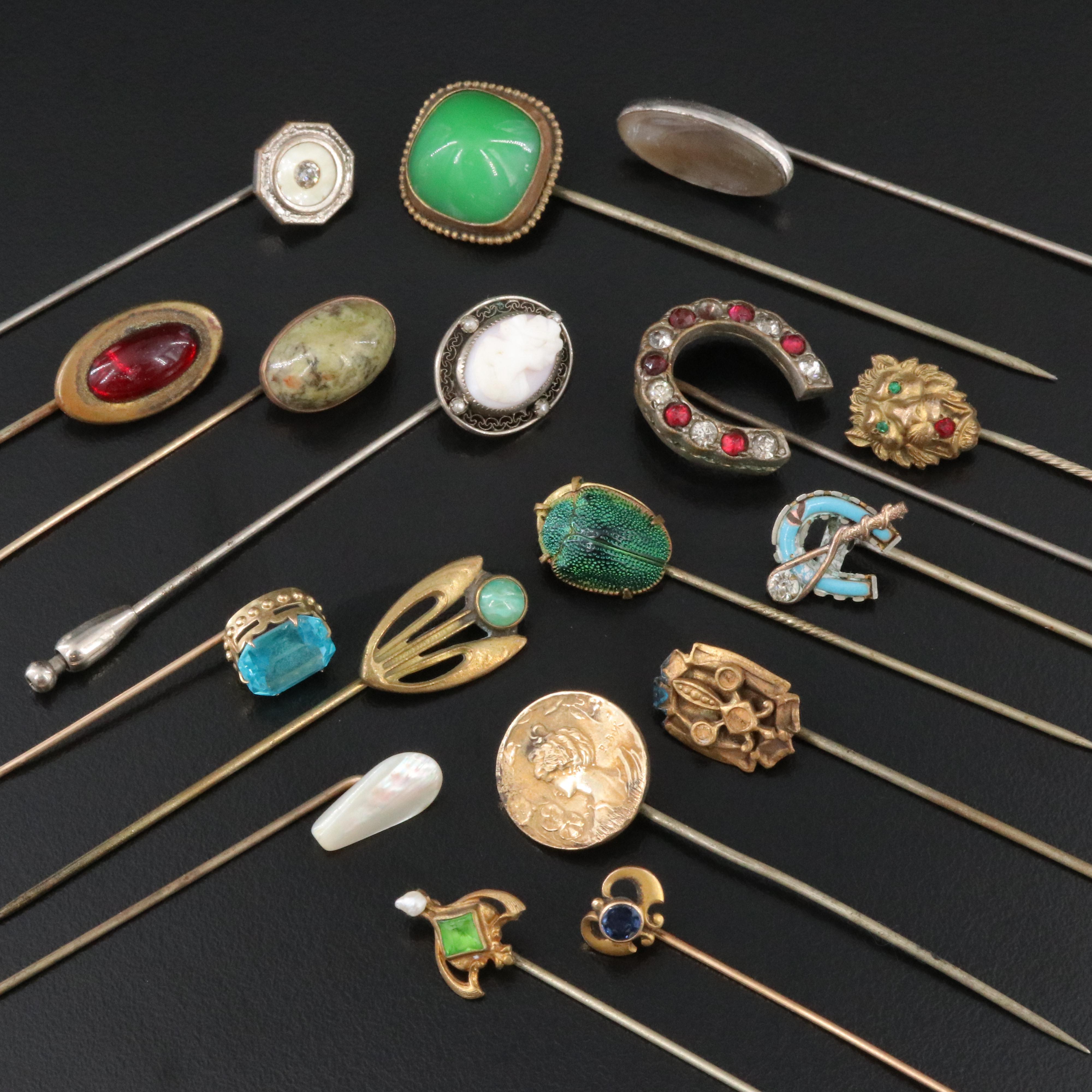 Stickpin Collection Including 10K and 14K Krementz Sapphire, Jasper, Apatite