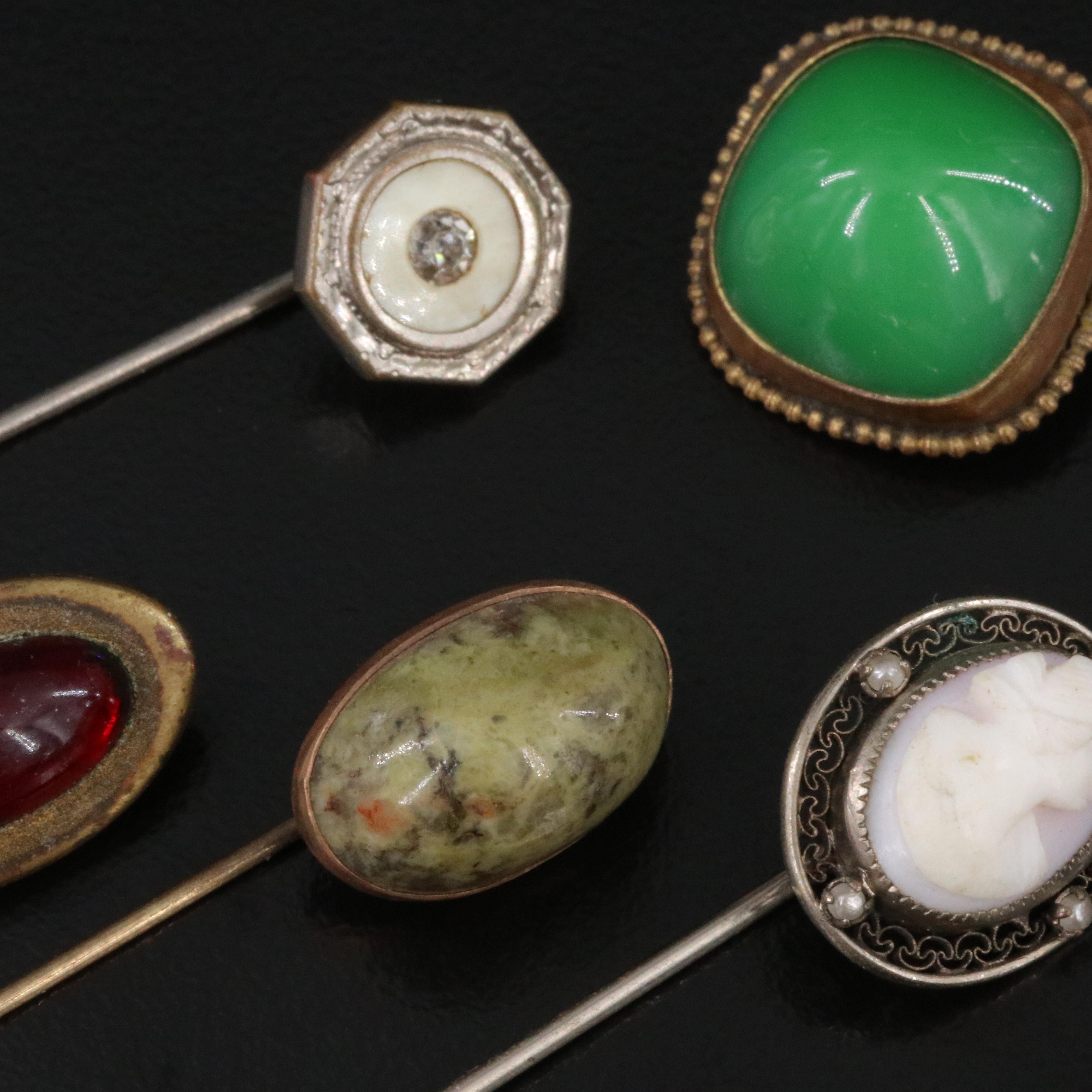 Stickpin Collection Including 10K and 14K Krementz Sapphire, Jasper, Apatite