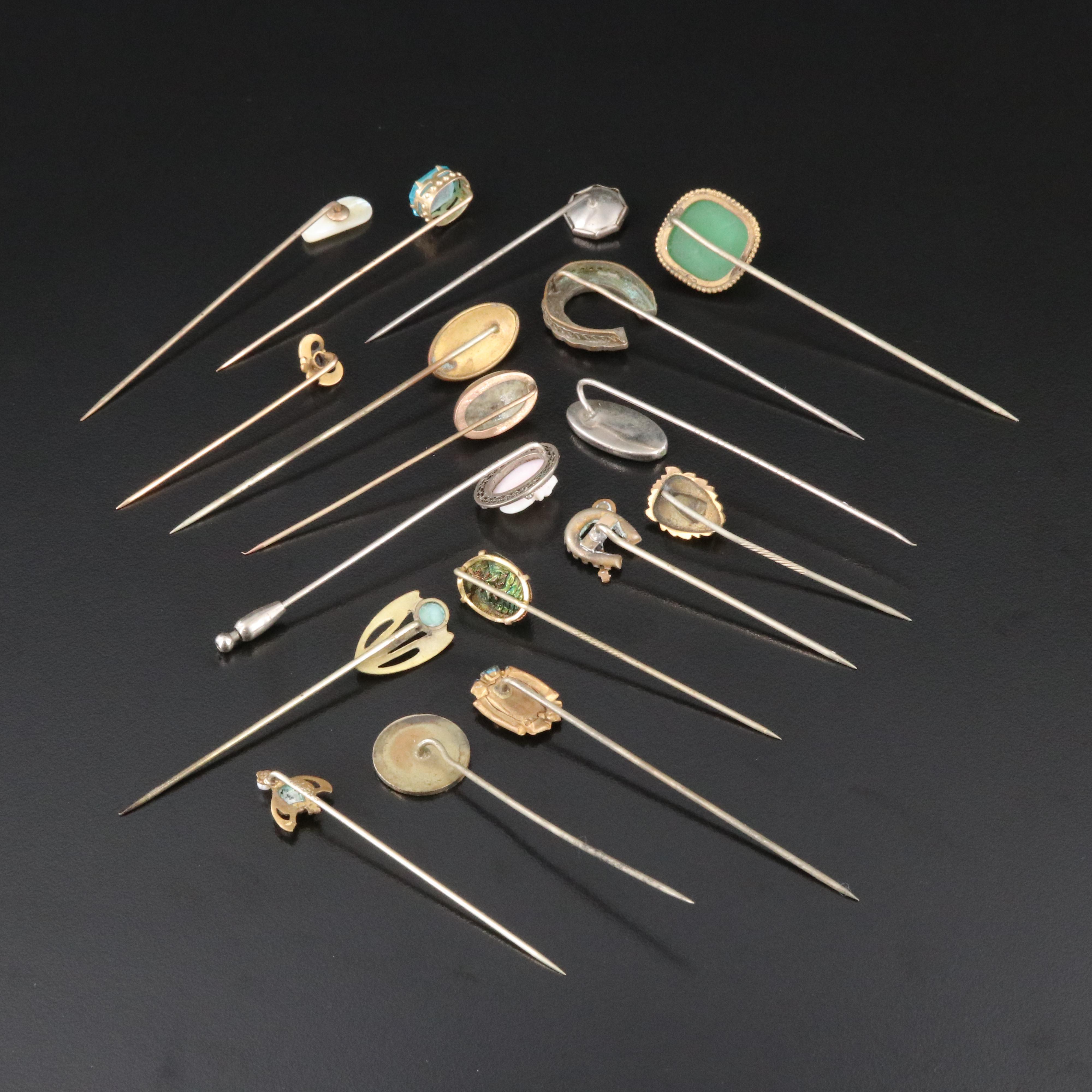 Stickpin Collection Including 10K and 14K Krementz Sapphire, Jasper, Apatite