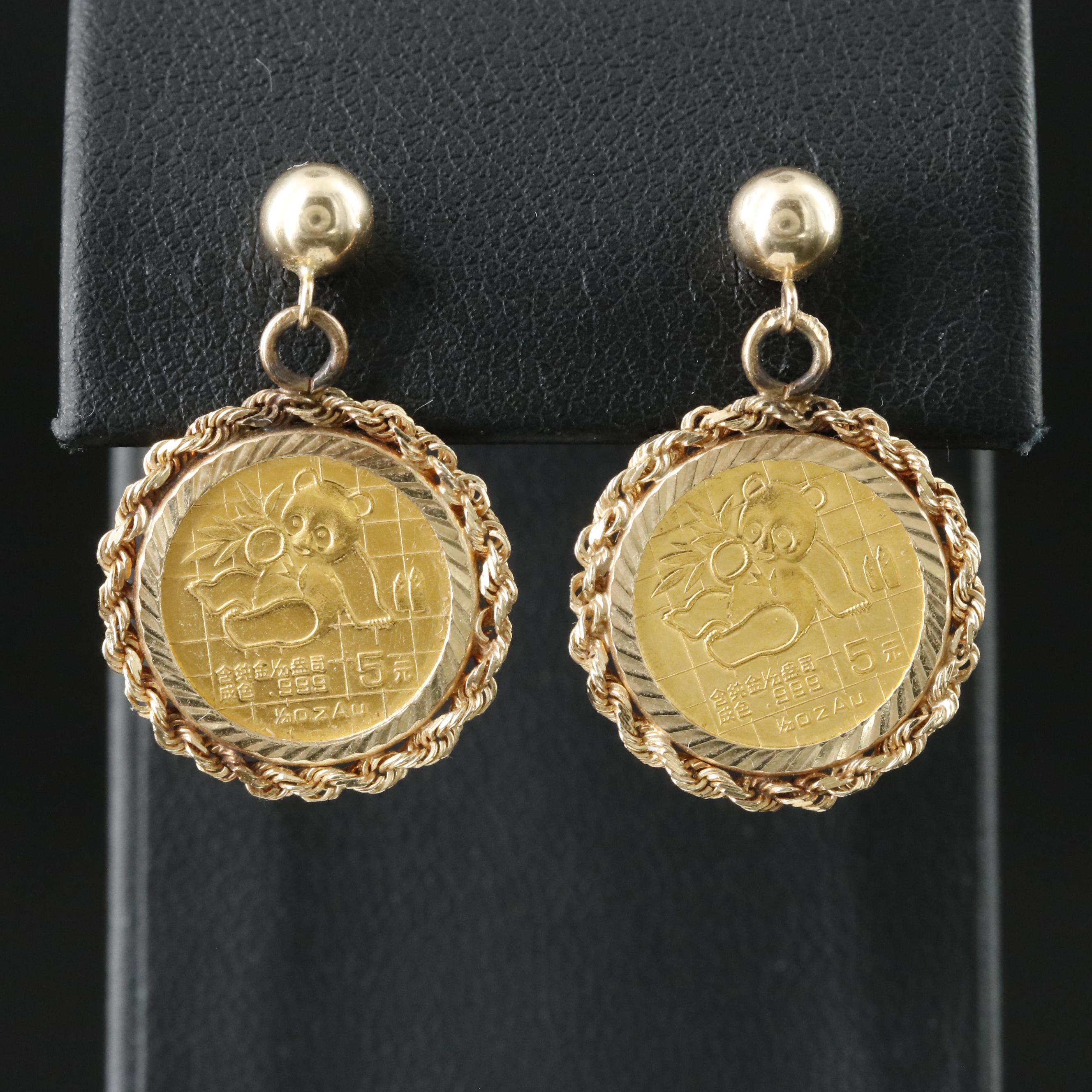 14K Earrings with 1989 China 5-Yuan 1/20th Oz. Panda Gold Bullion Coins