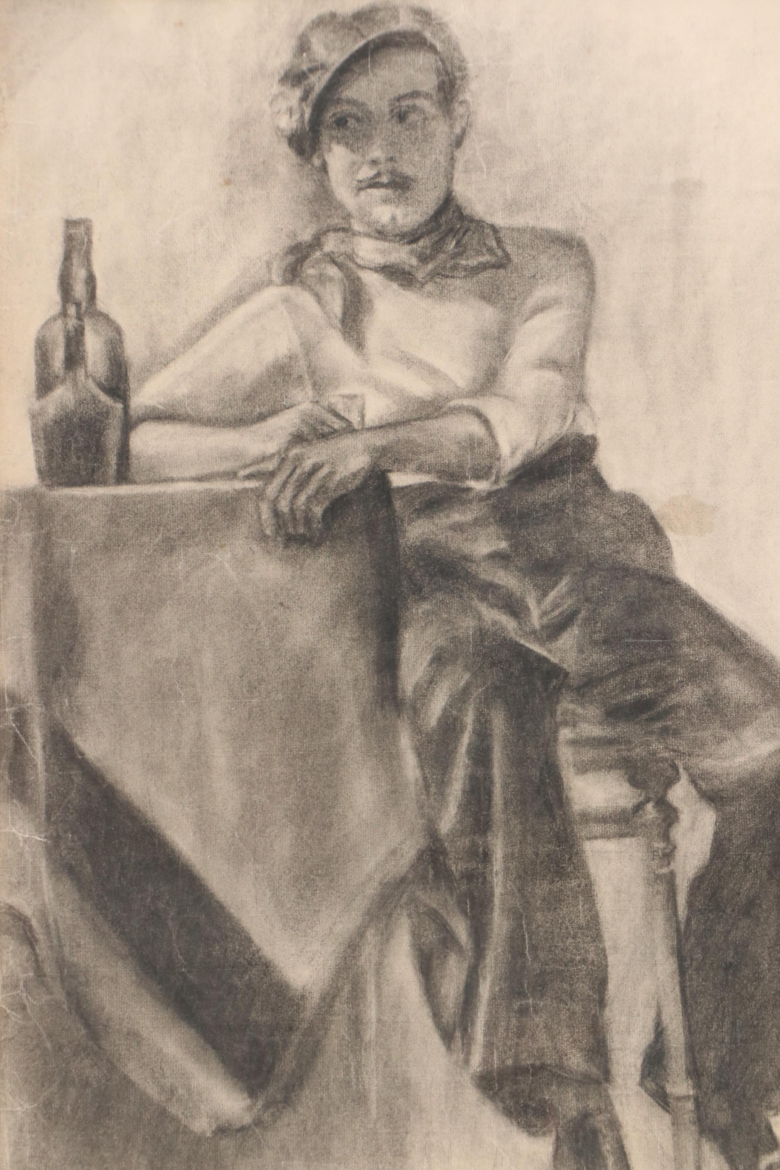 Charcoal Portraits of Seated Men, 20th Century