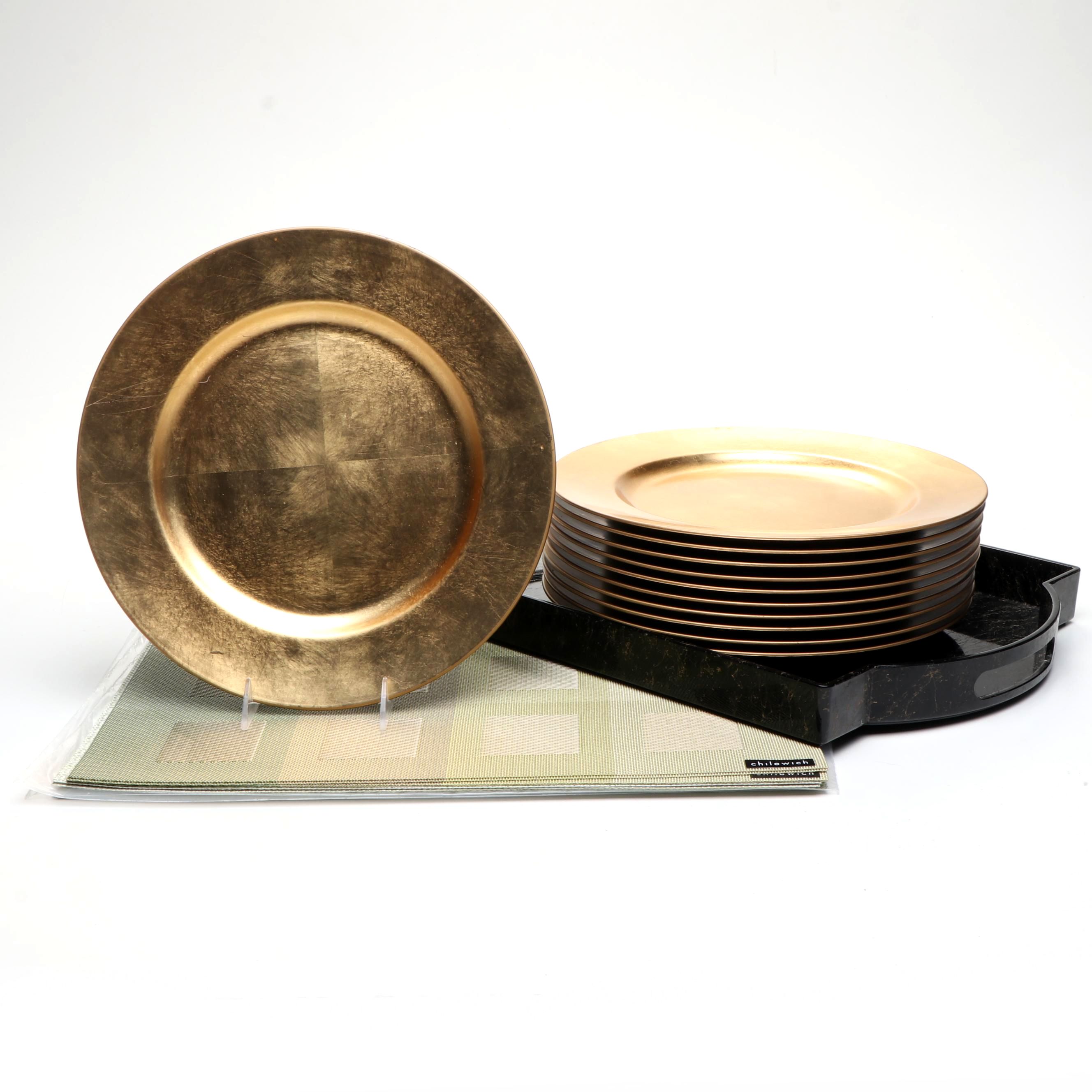 Nancy Calhoun Lacquerware Tray with Other Basketweave Placemats and Chargers