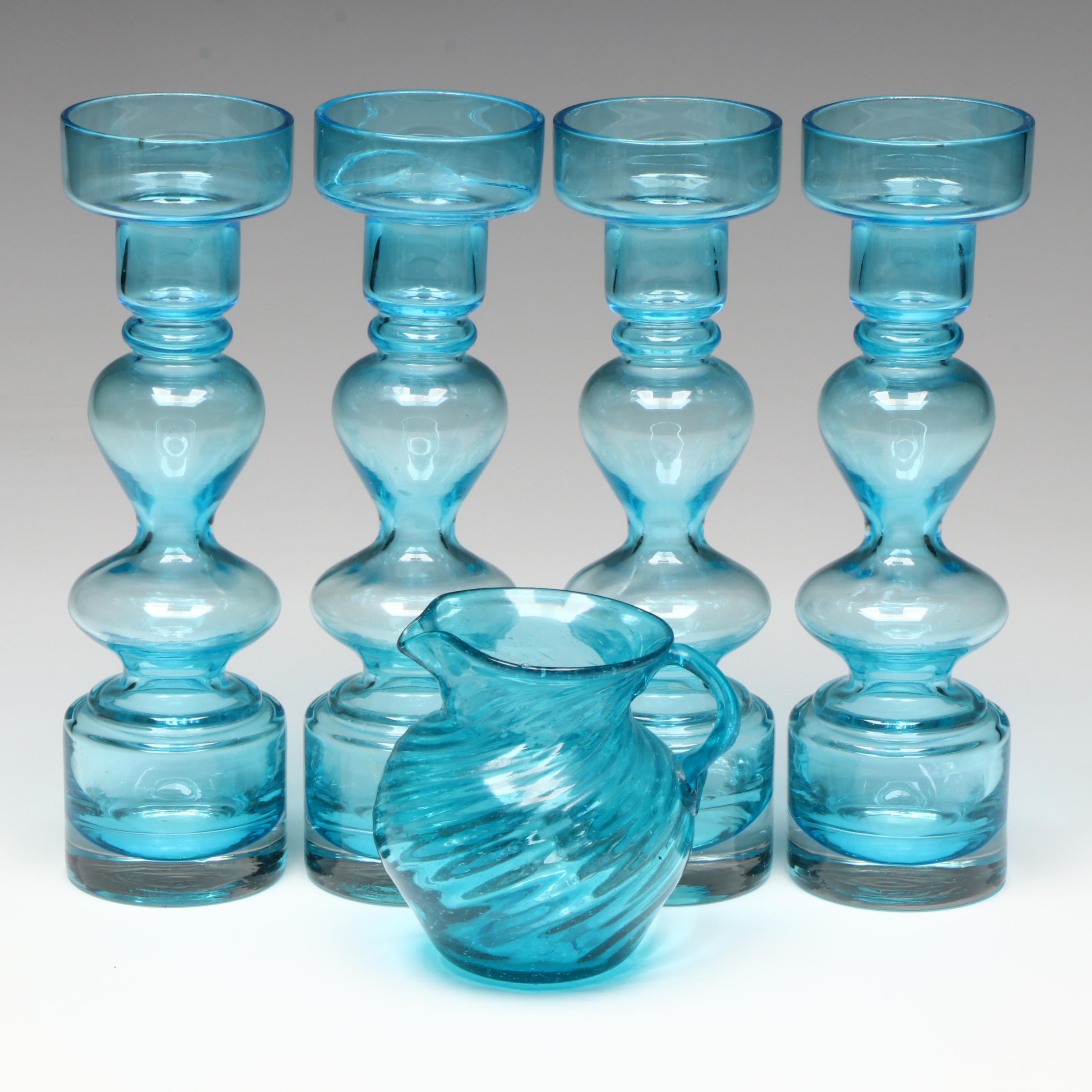 Blue Swirl Glass Creamer with Bubble Glass Vases