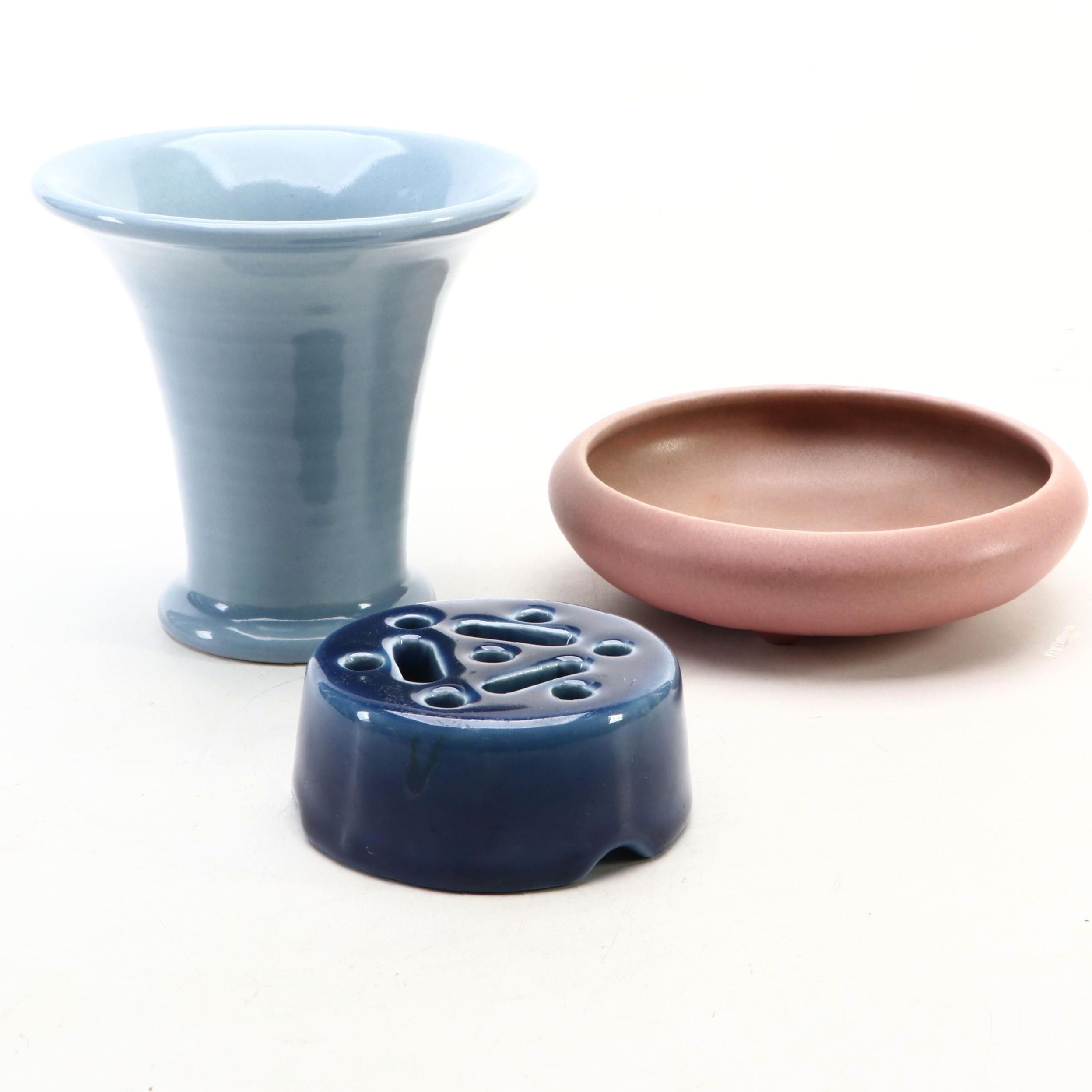 Rookwood Pottery Tri-Foot Dish with Vase and Flower Frog, Early 20th Century