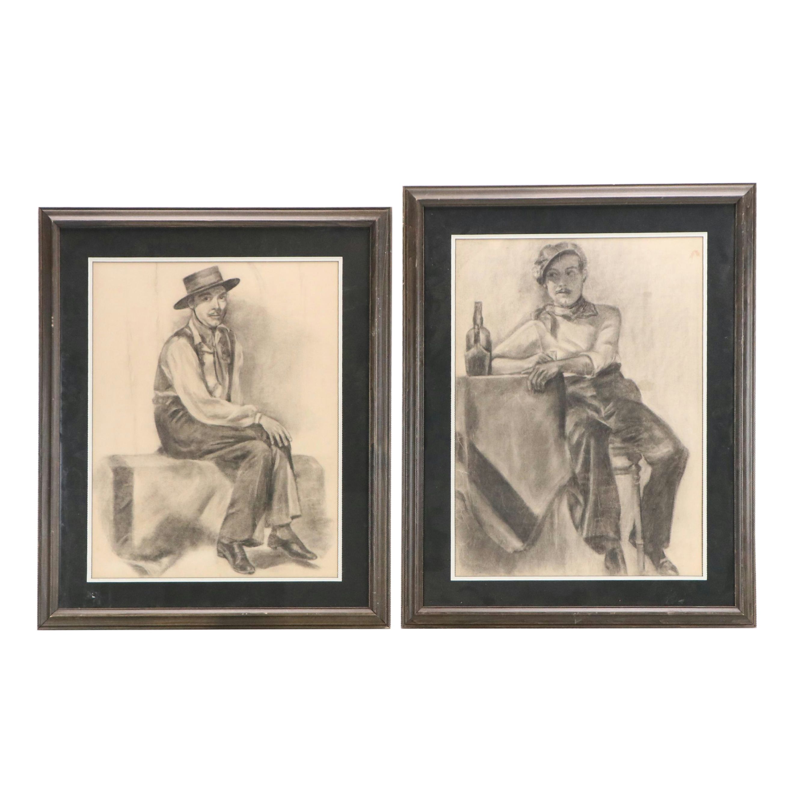 Charcoal Portraits of Seated Men, 20th Century