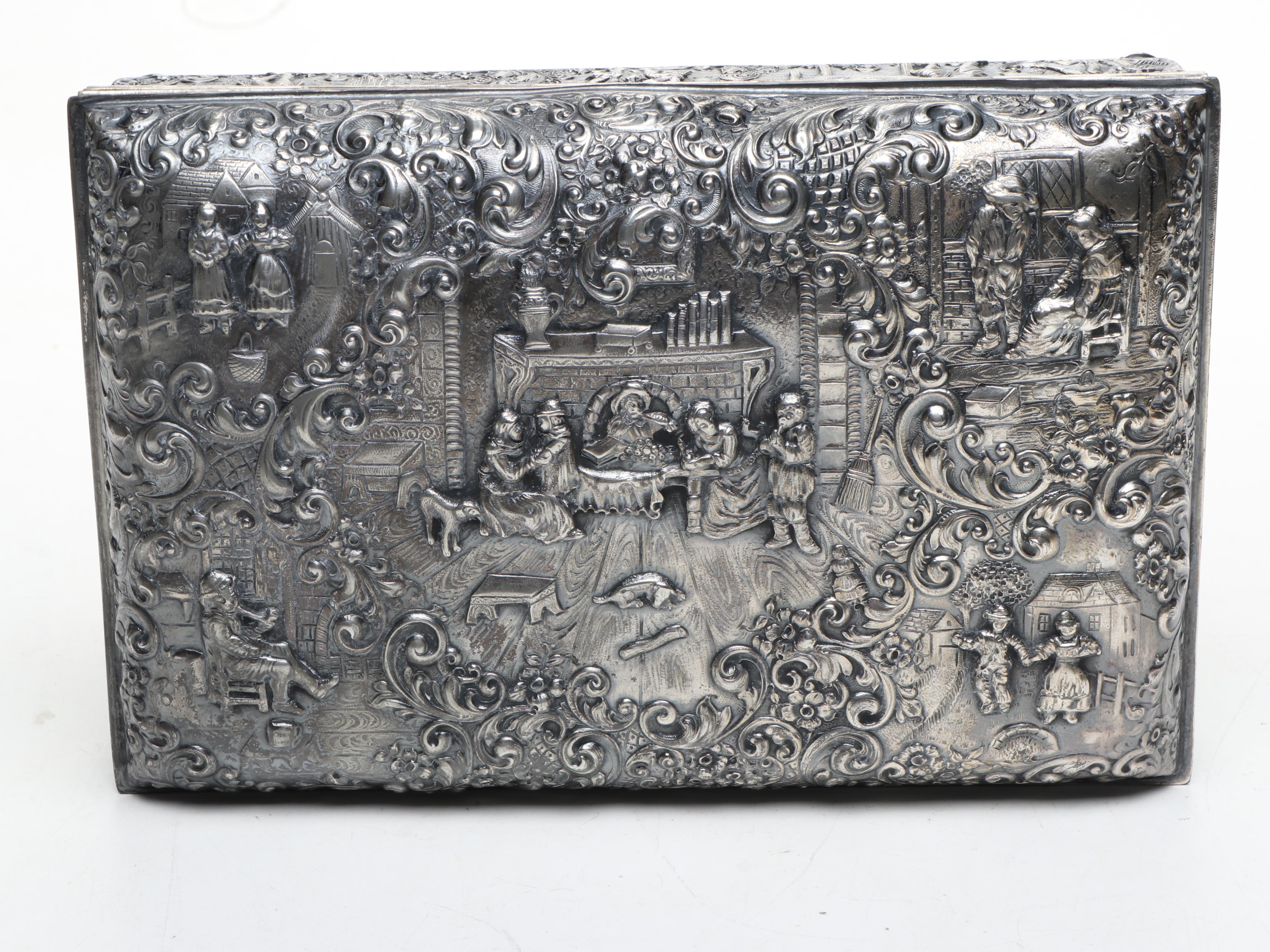 Barbour Repoussé Silver Plate Genre Scene Cigarette Box