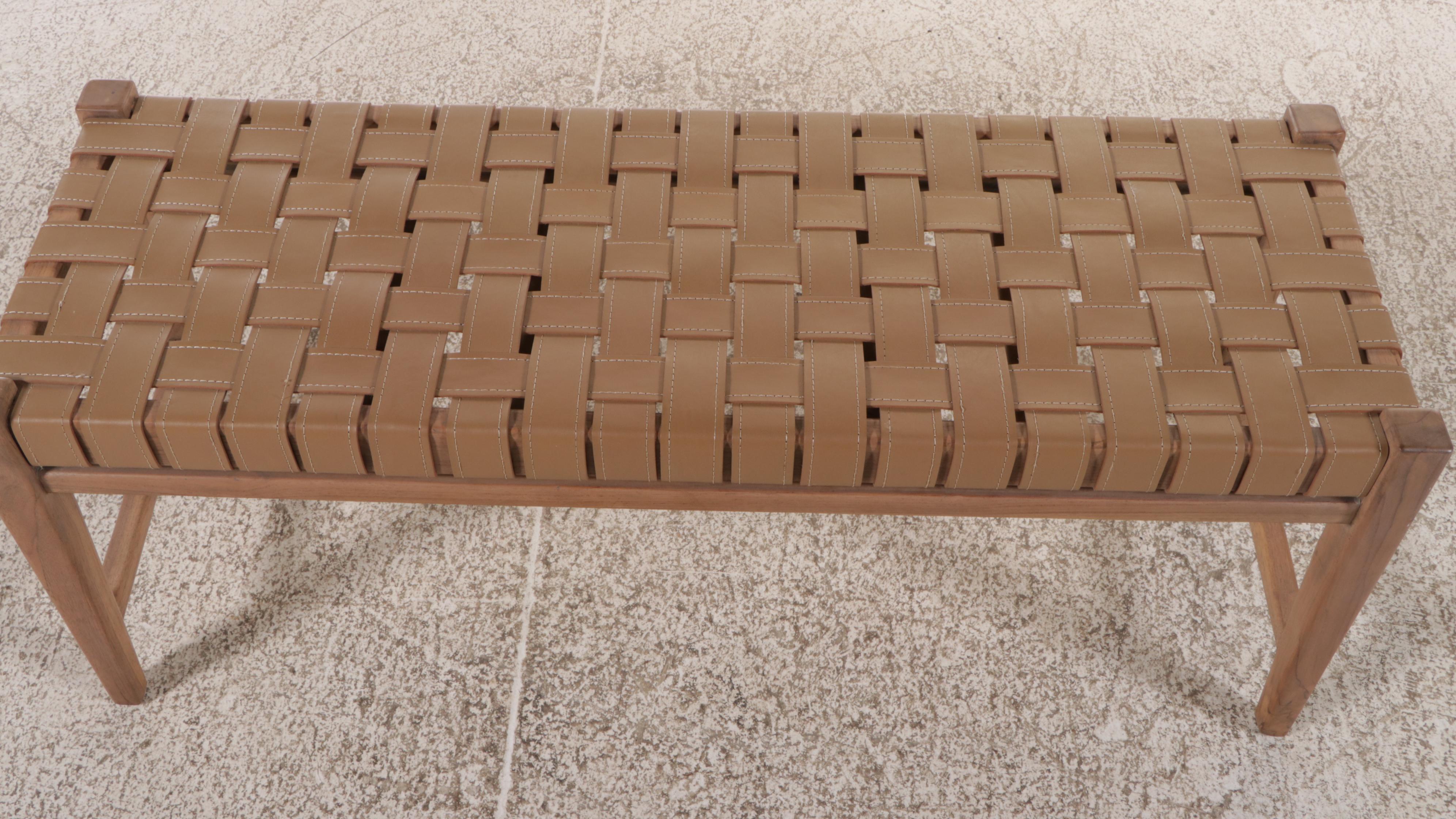 Contemporary Woven Faux Leather and Wood Bench with Accent Pillow