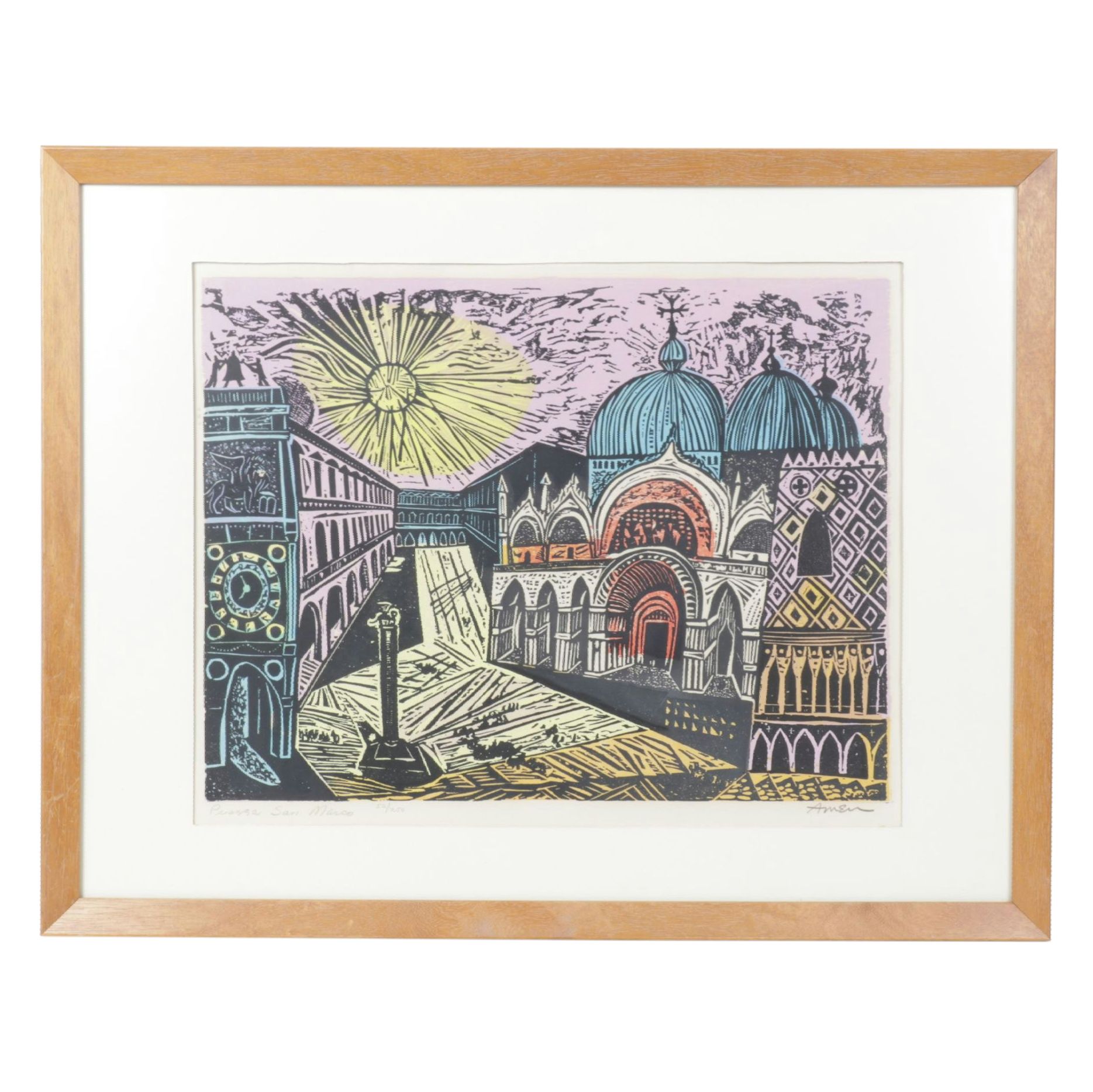 Irving Amen Color Woodcut "Piazza San Marco", Mid to Late 20th Century