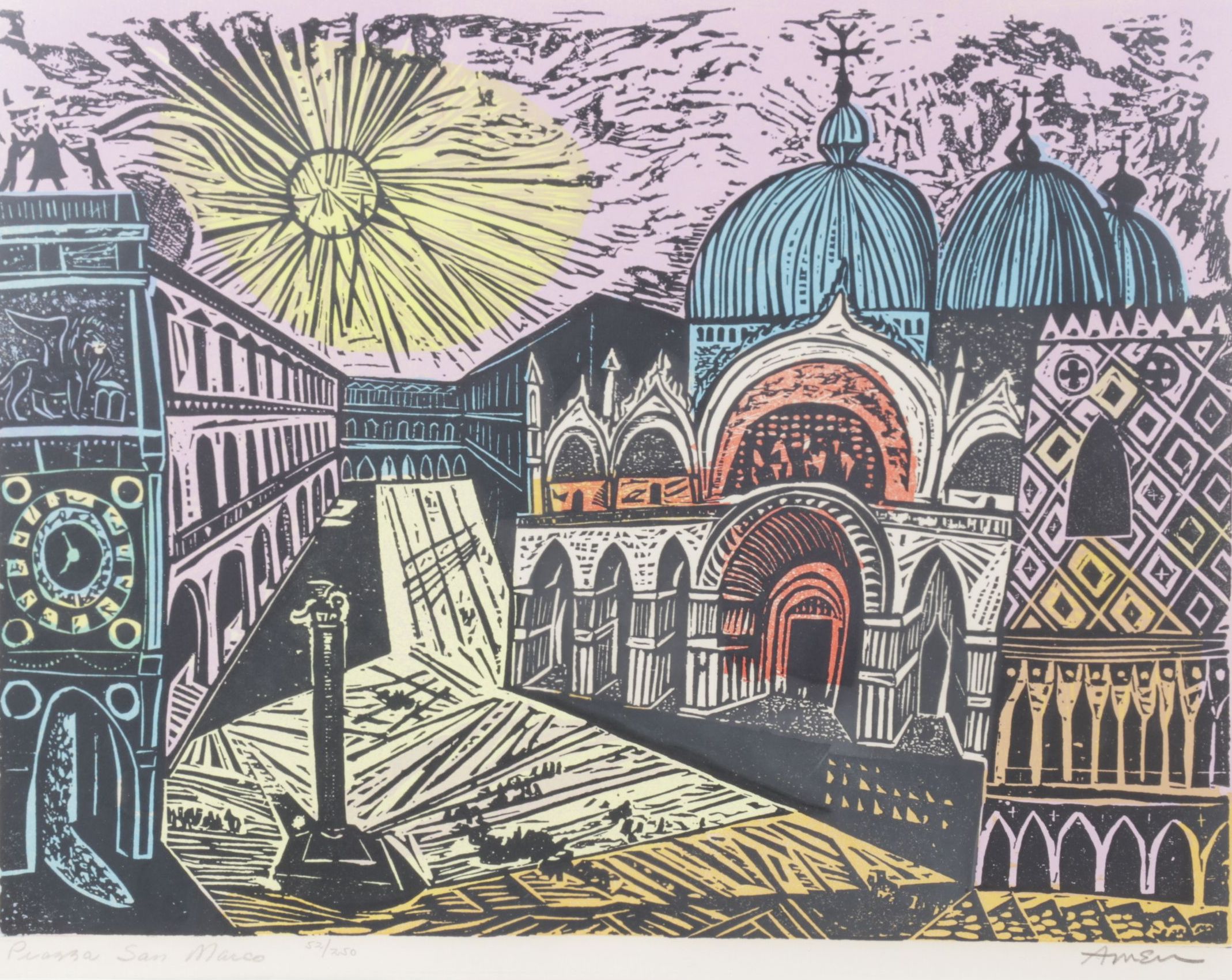 Irving Amen Color Woodcut "Piazza San Marco", Mid to Late 20th Century