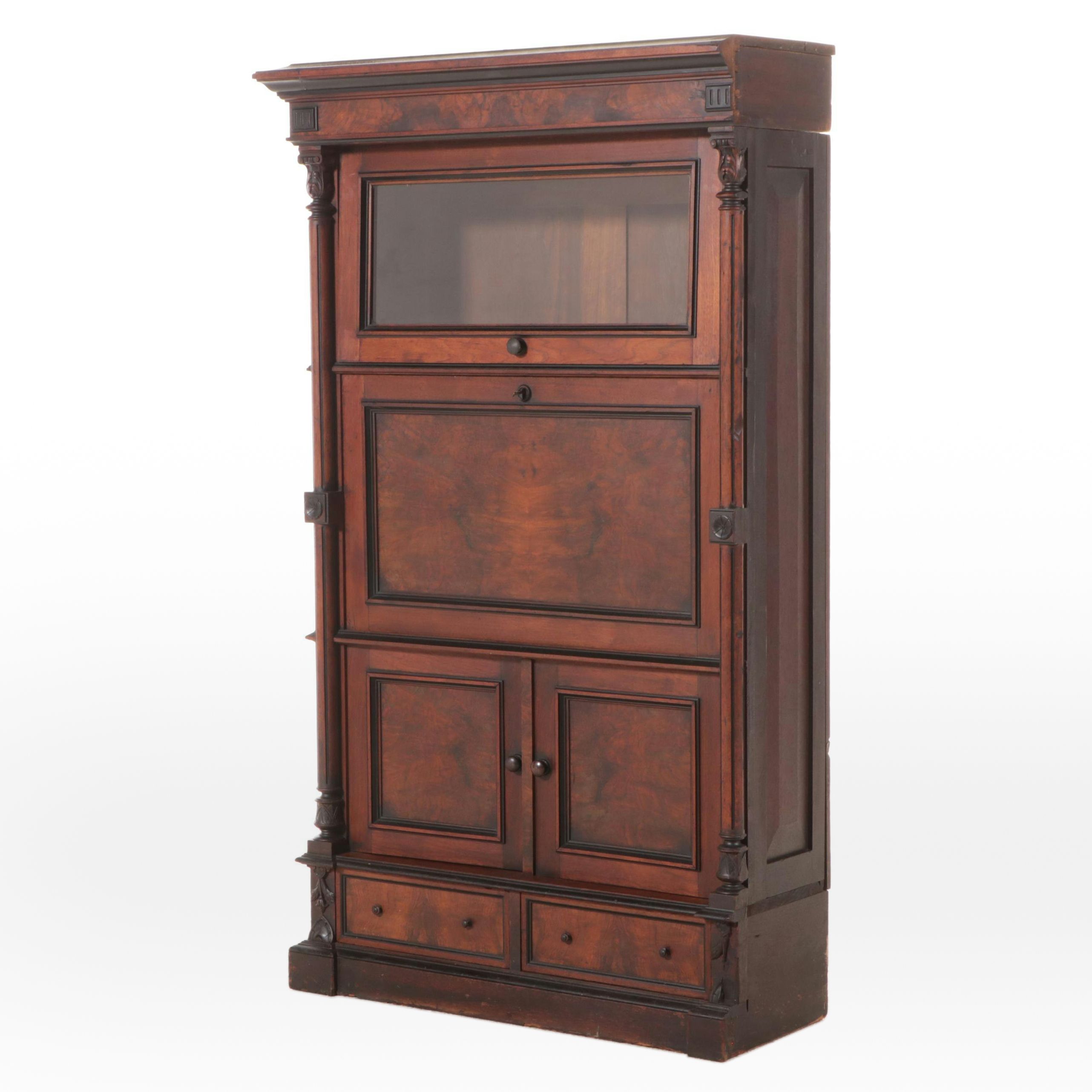 Victorian Burl Wood Drop-Front Desk with Barrister's Bookcase