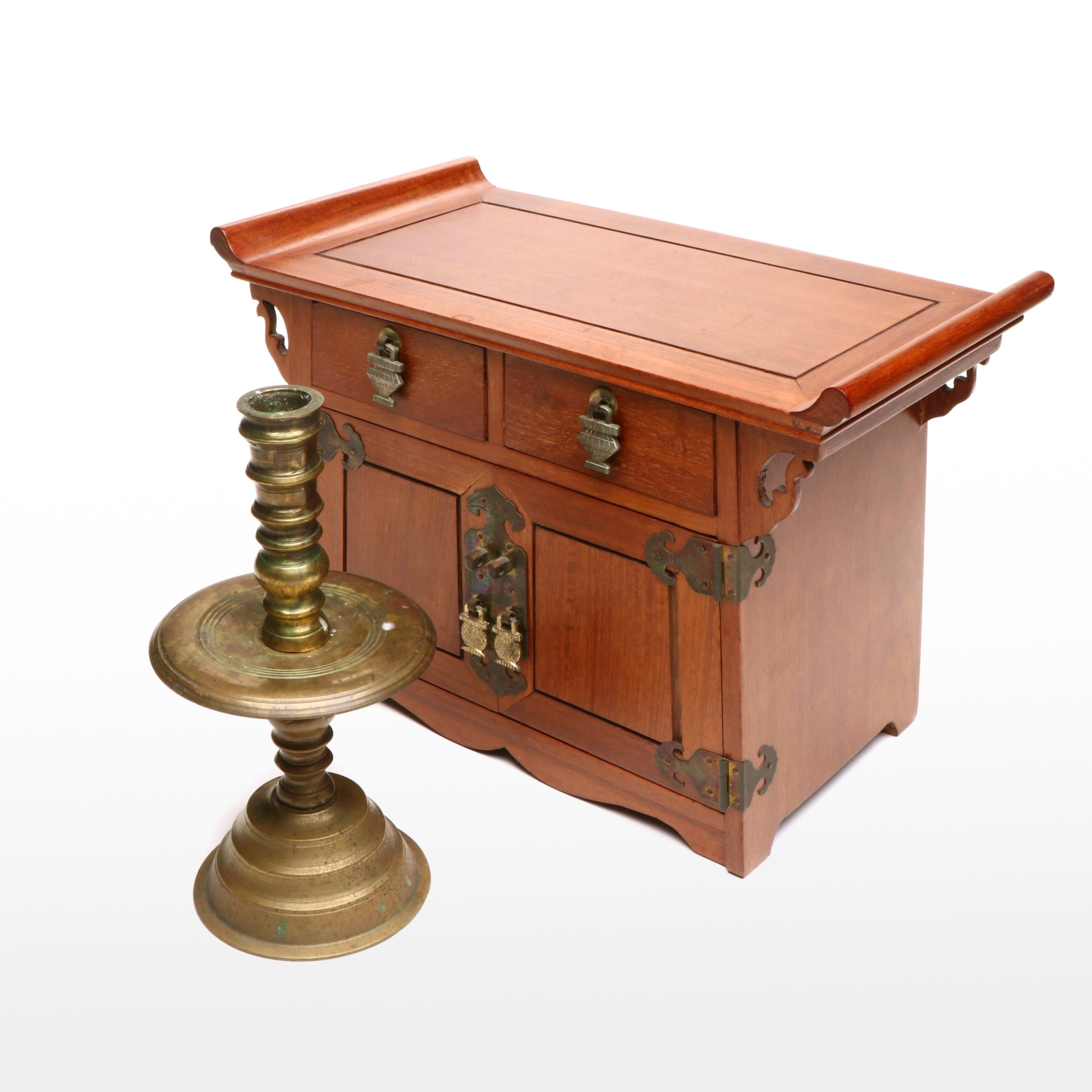 Korean Tansu Wooden Chest with Dutch Style Brass Candle Holder