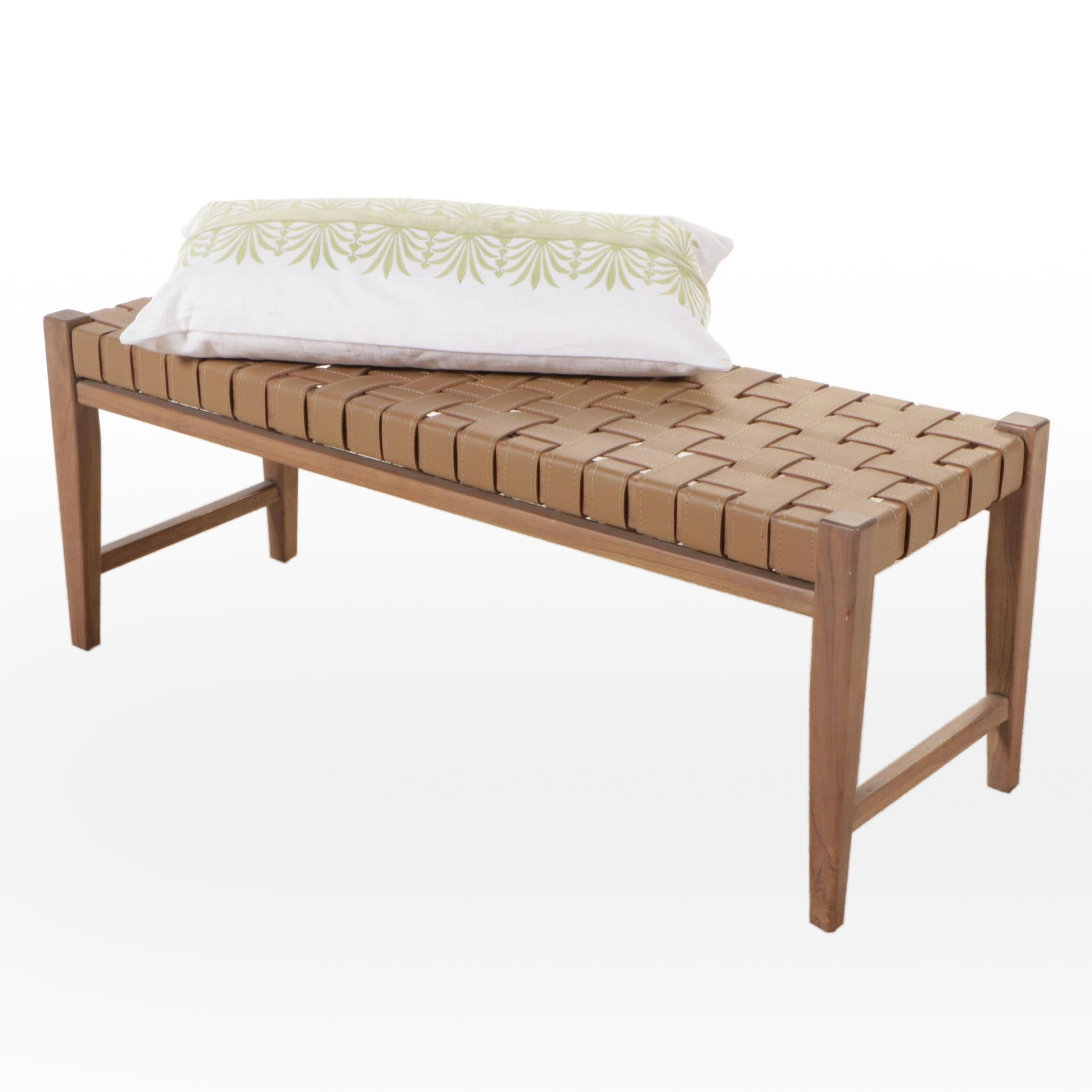Contemporary Woven Faux Leather and Wood Bench with Accent Pillow