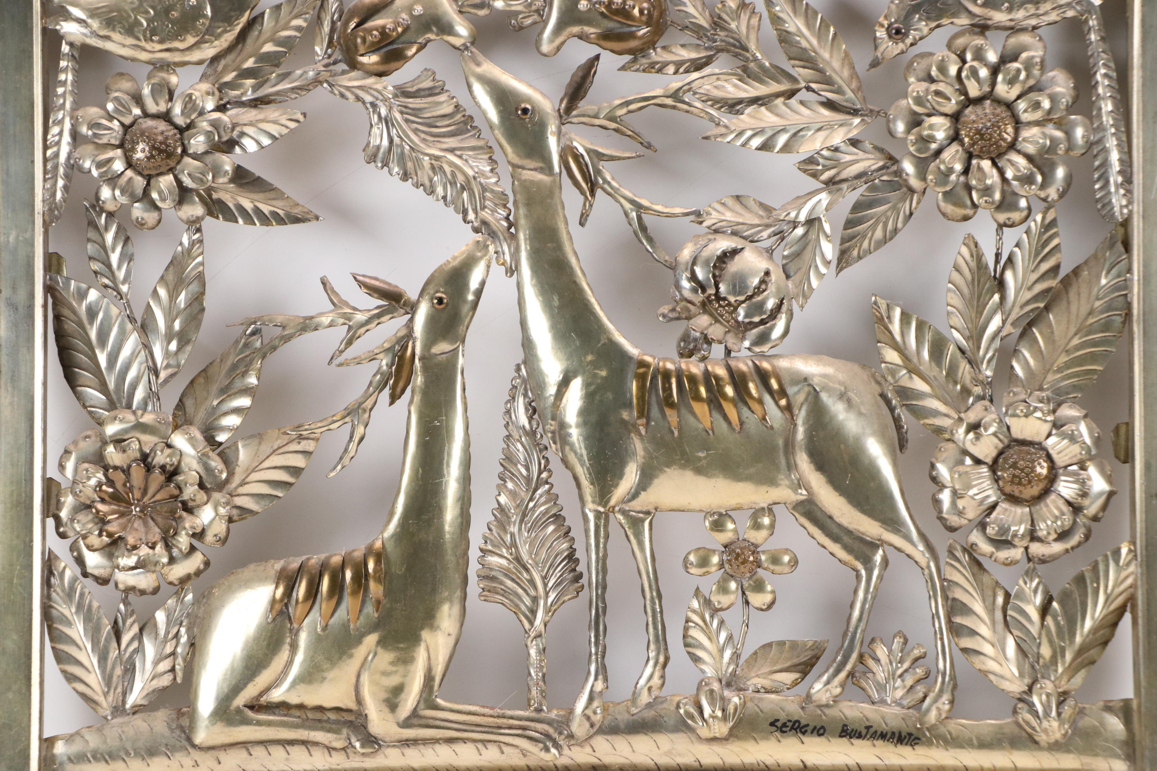 Sergio Bustamante Metal Wall Sculpture with Deer, Birds, and Flowers