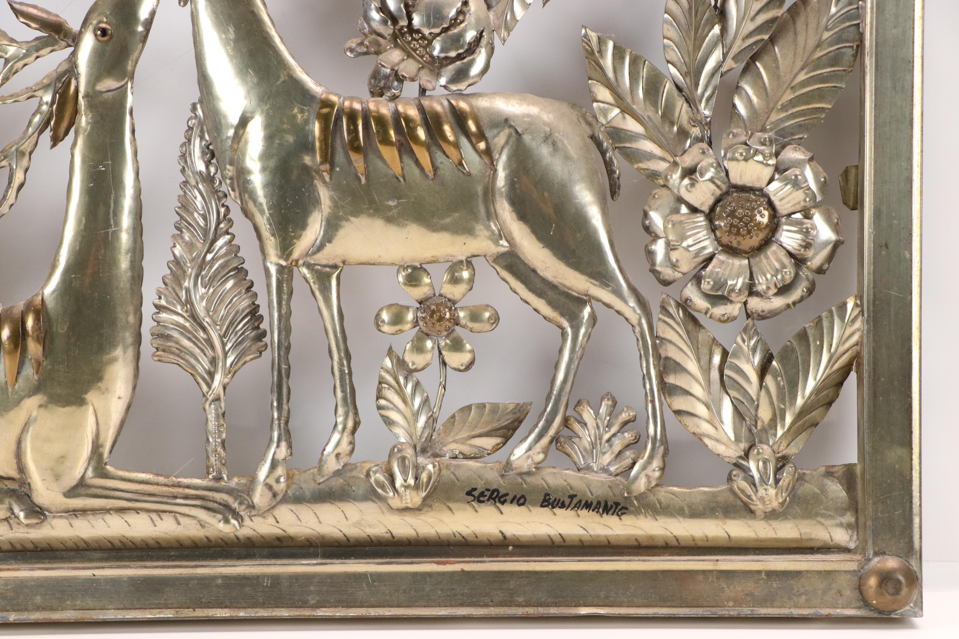 Sergio Bustamante Metal Wall Sculpture with Deer, Birds, and Flowers