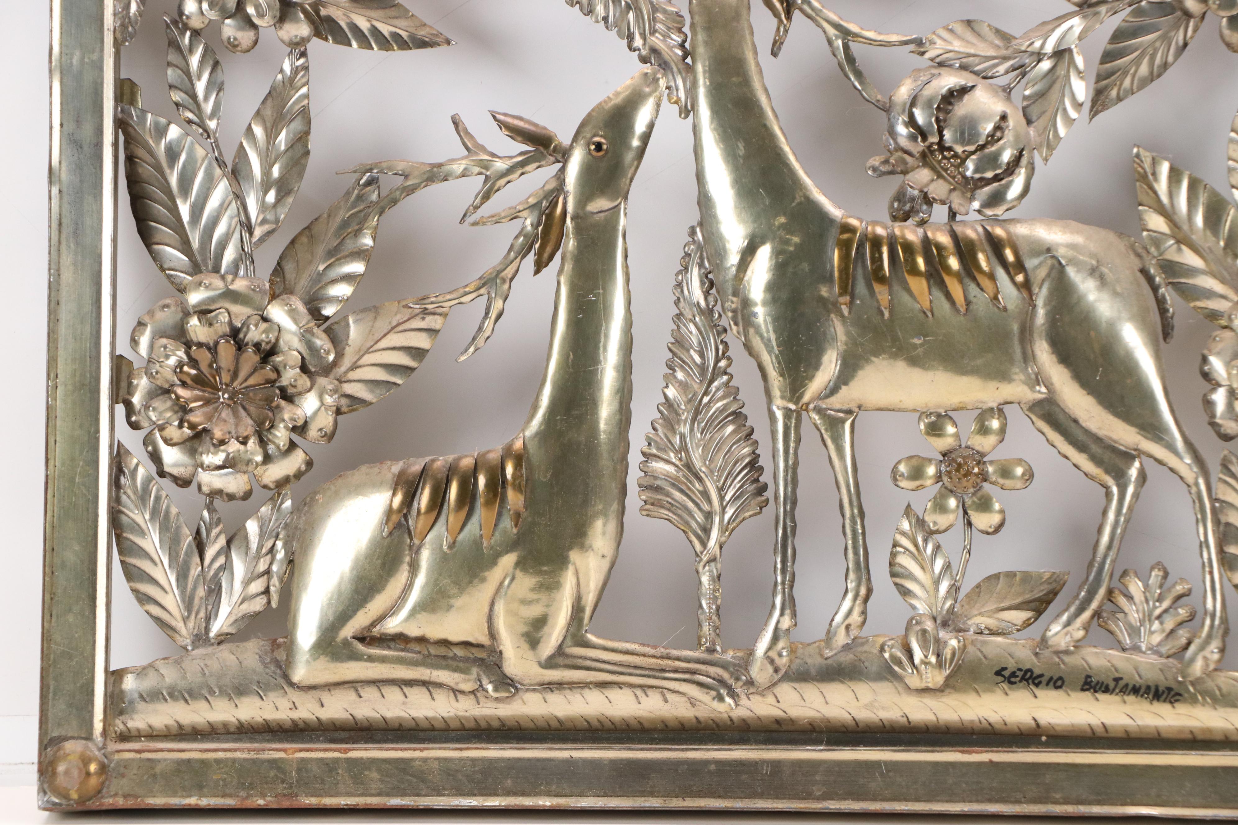 Sergio Bustamante Metal Wall Sculpture with Deer, Birds, and Flowers