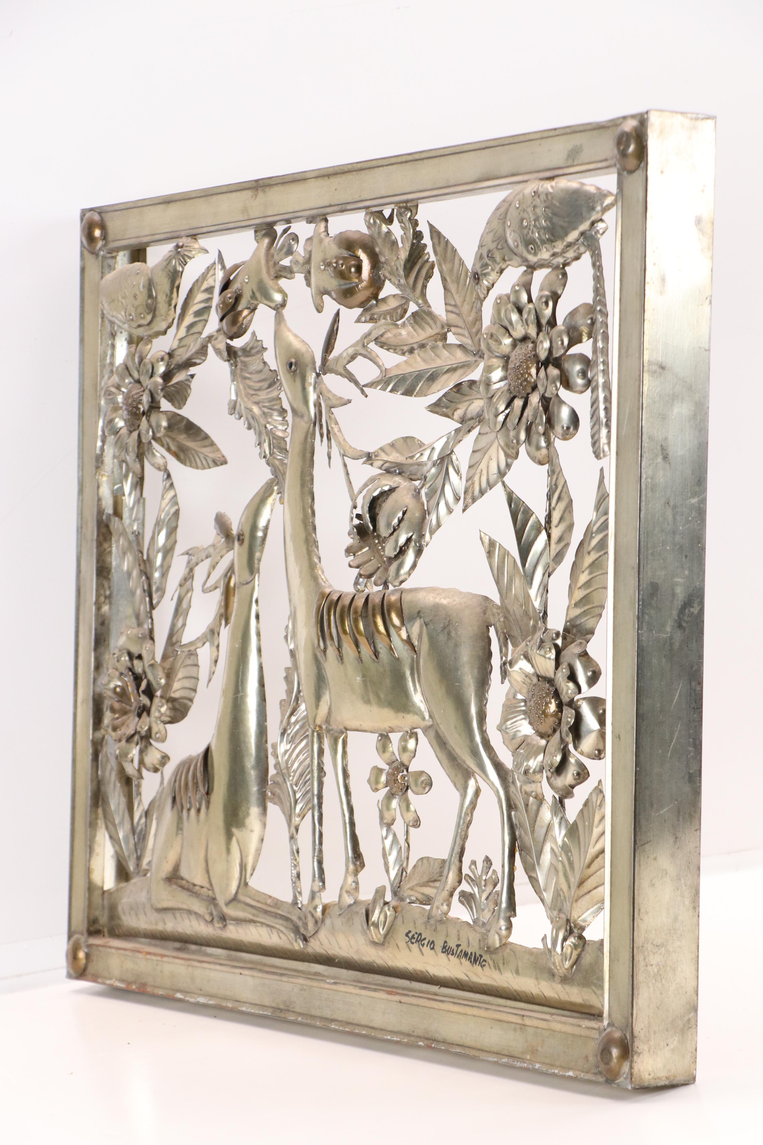 Sergio Bustamante Metal Wall Sculpture with Deer, Birds, and Flowers