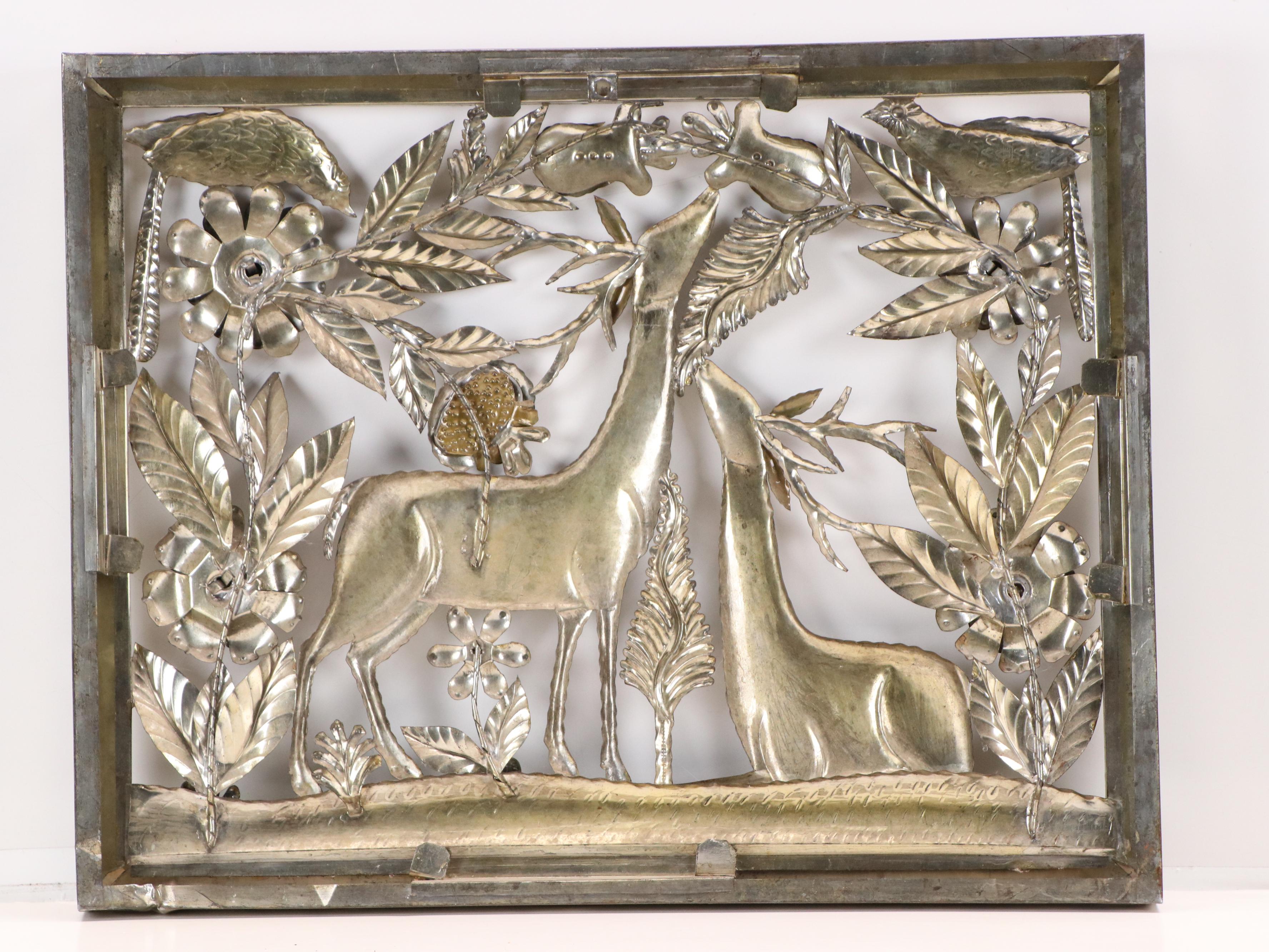 Sergio Bustamante Metal Wall Sculpture with Deer, Birds, and Flowers