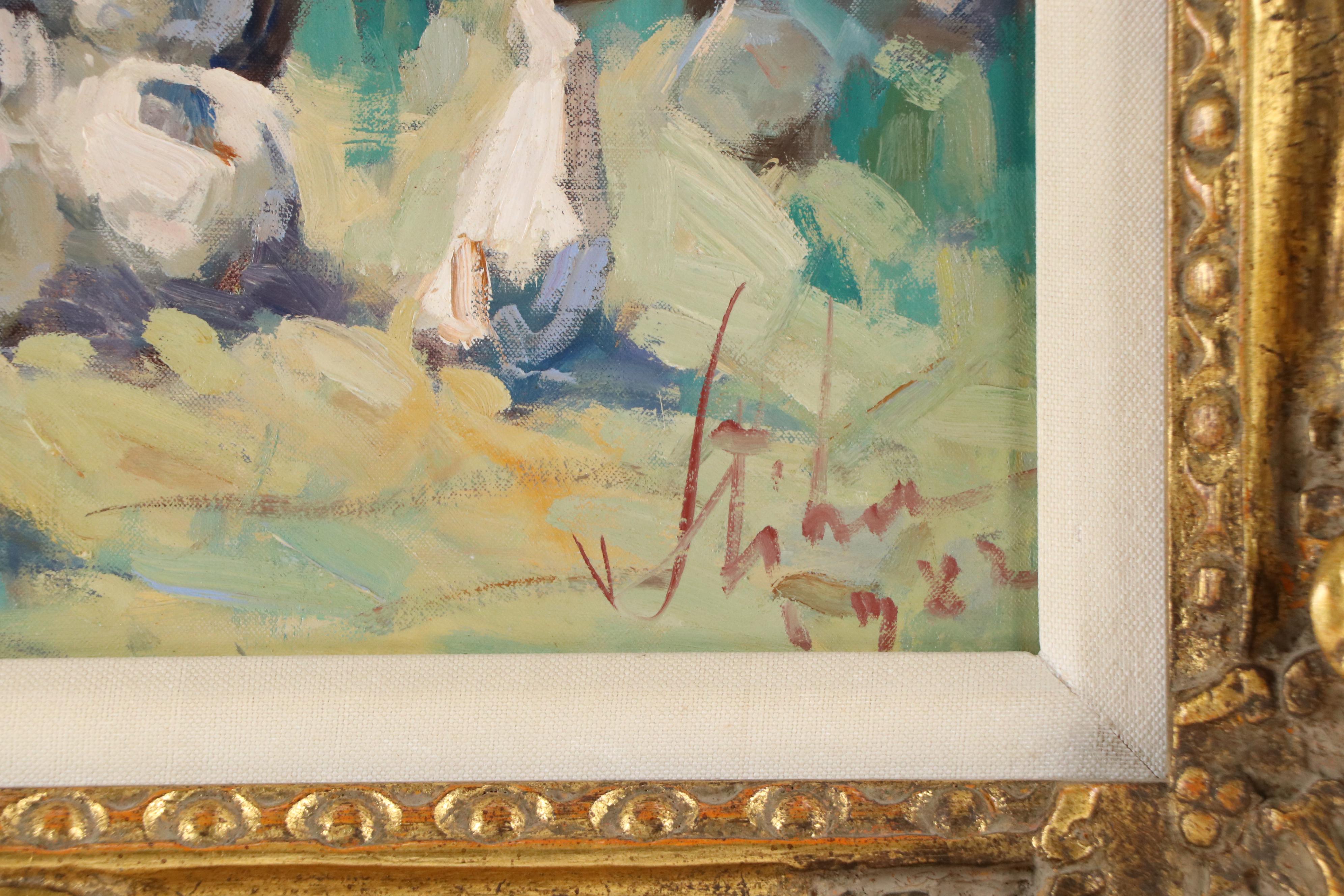 Impressionist Style Oil Painting of Girl with Goats and Ducks, 1982