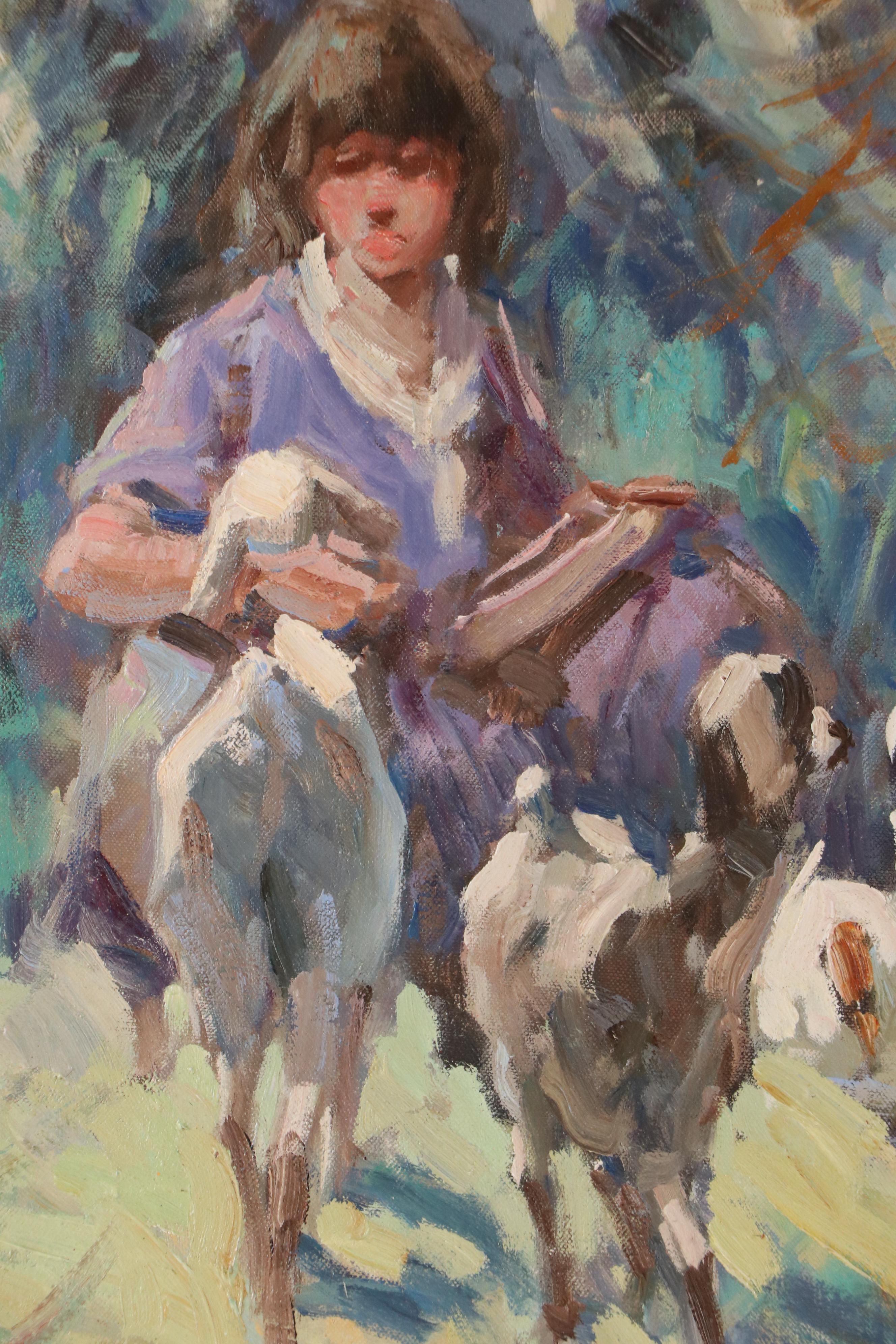 Impressionist Style Oil Painting of Girl with Goats and Ducks, 1982