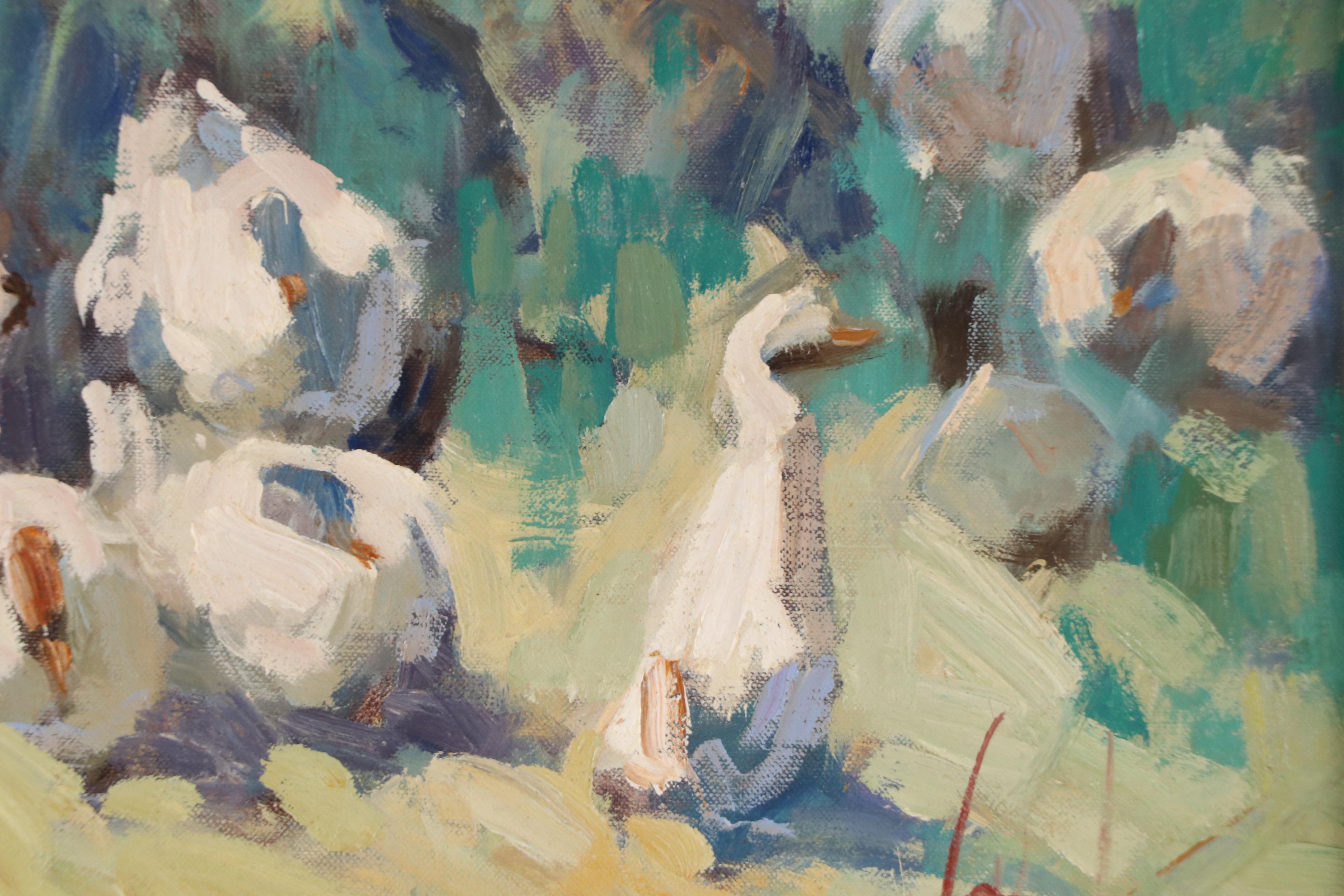 Impressionist Style Oil Painting of Girl with Goats and Ducks, 1982