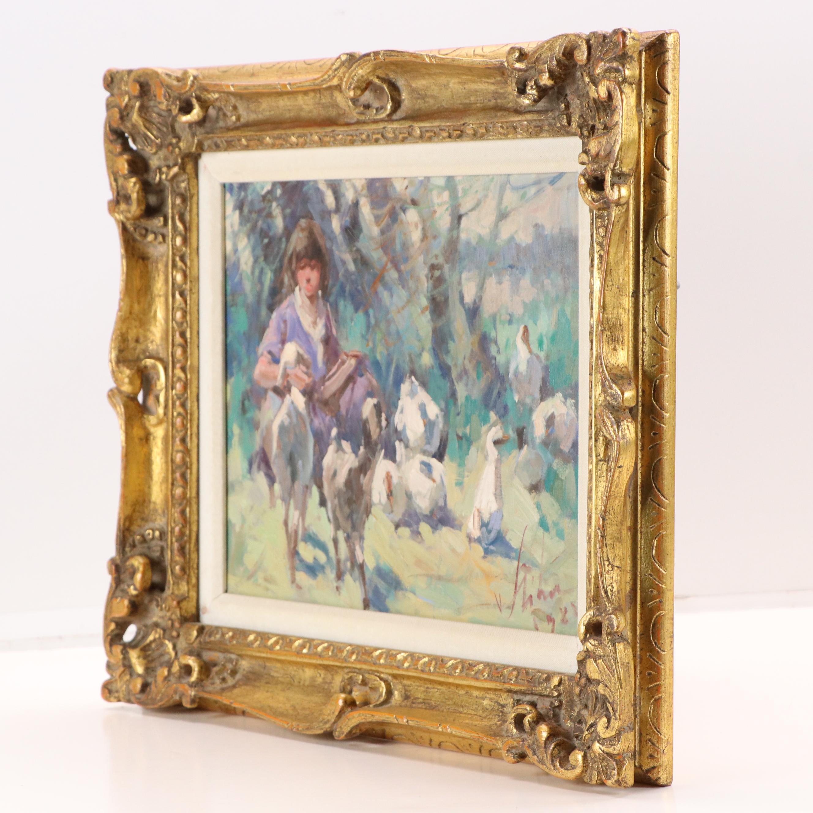 Impressionist Style Oil Painting of Girl with Goats and Ducks, 1982