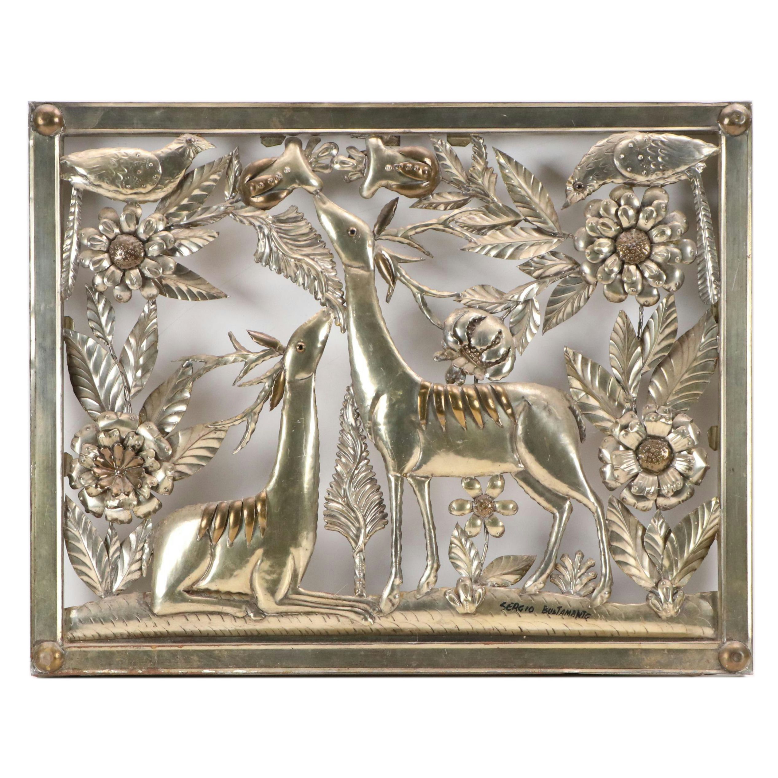 Sergio Bustamante Metal Wall Sculpture with Deer, Birds, and Flowers