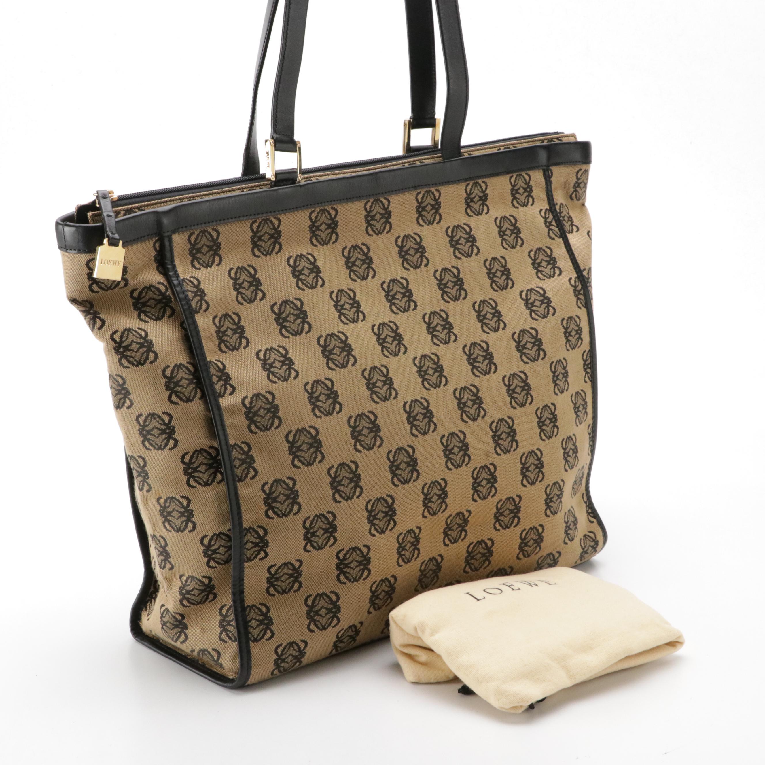 Loewe Large Zip Tote in Beige Anagram Canvas and Black Leather Trim