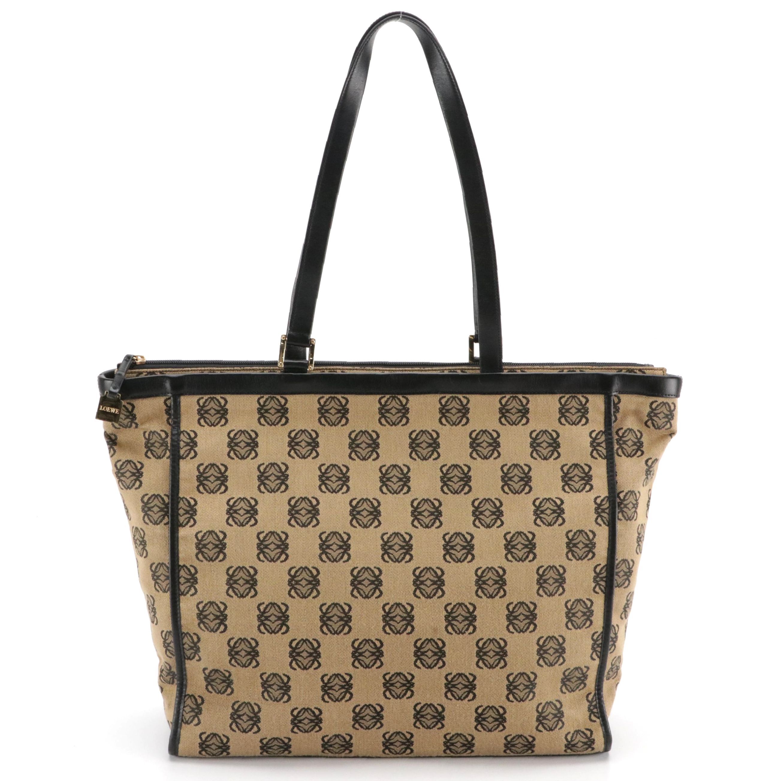 Loewe Large Zip Tote in Beige Anagram Canvas and Black Leather Trim