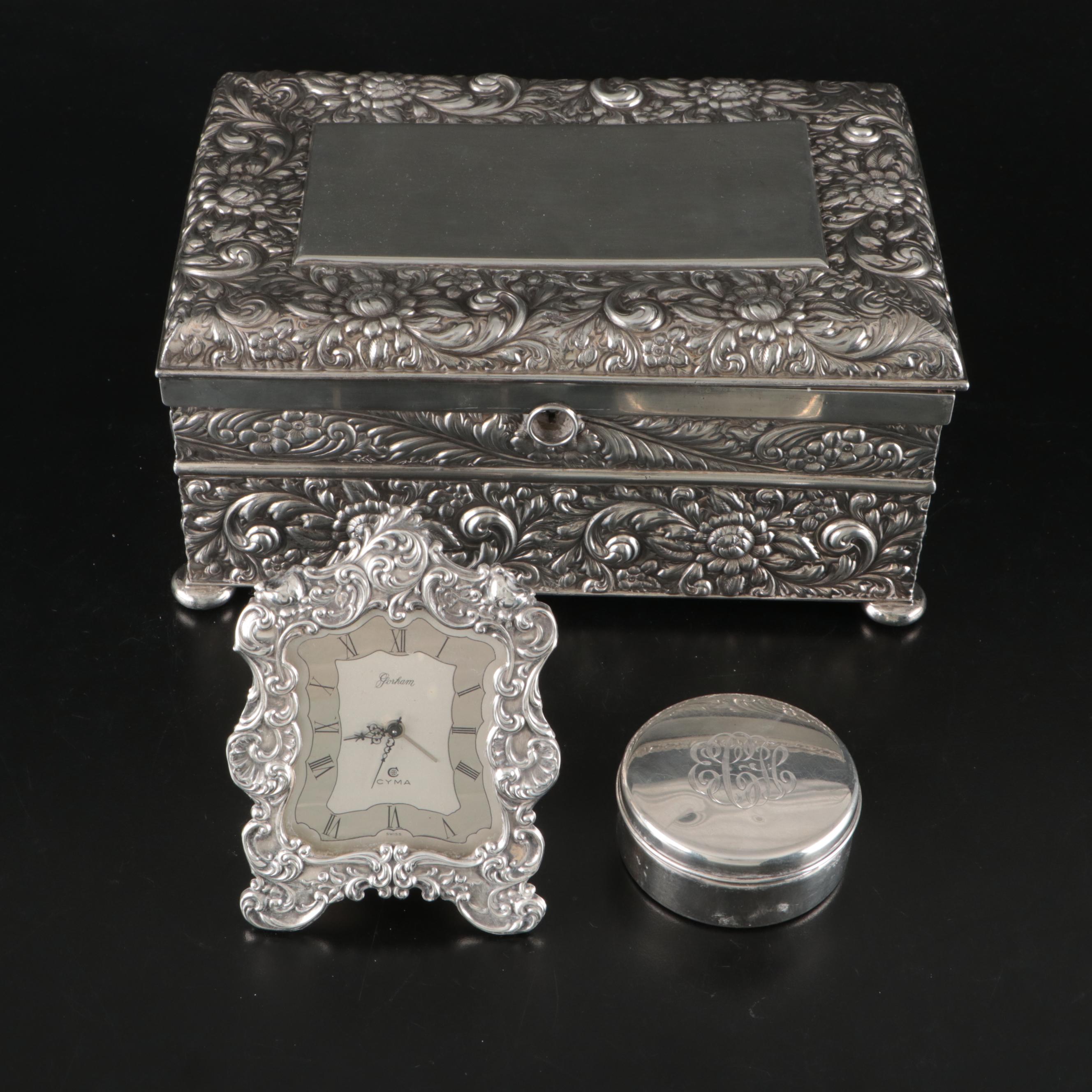 Gorham Sterling Easel Alarm Clock with Monogrammed Box and Silver Plate Box