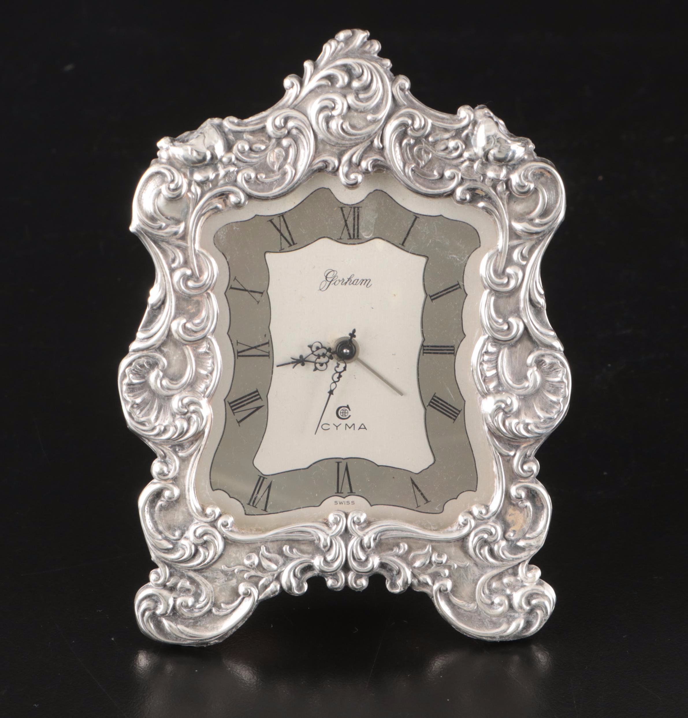 Gorham Sterling Easel Alarm Clock with Monogrammed Box and Silver Plate Box