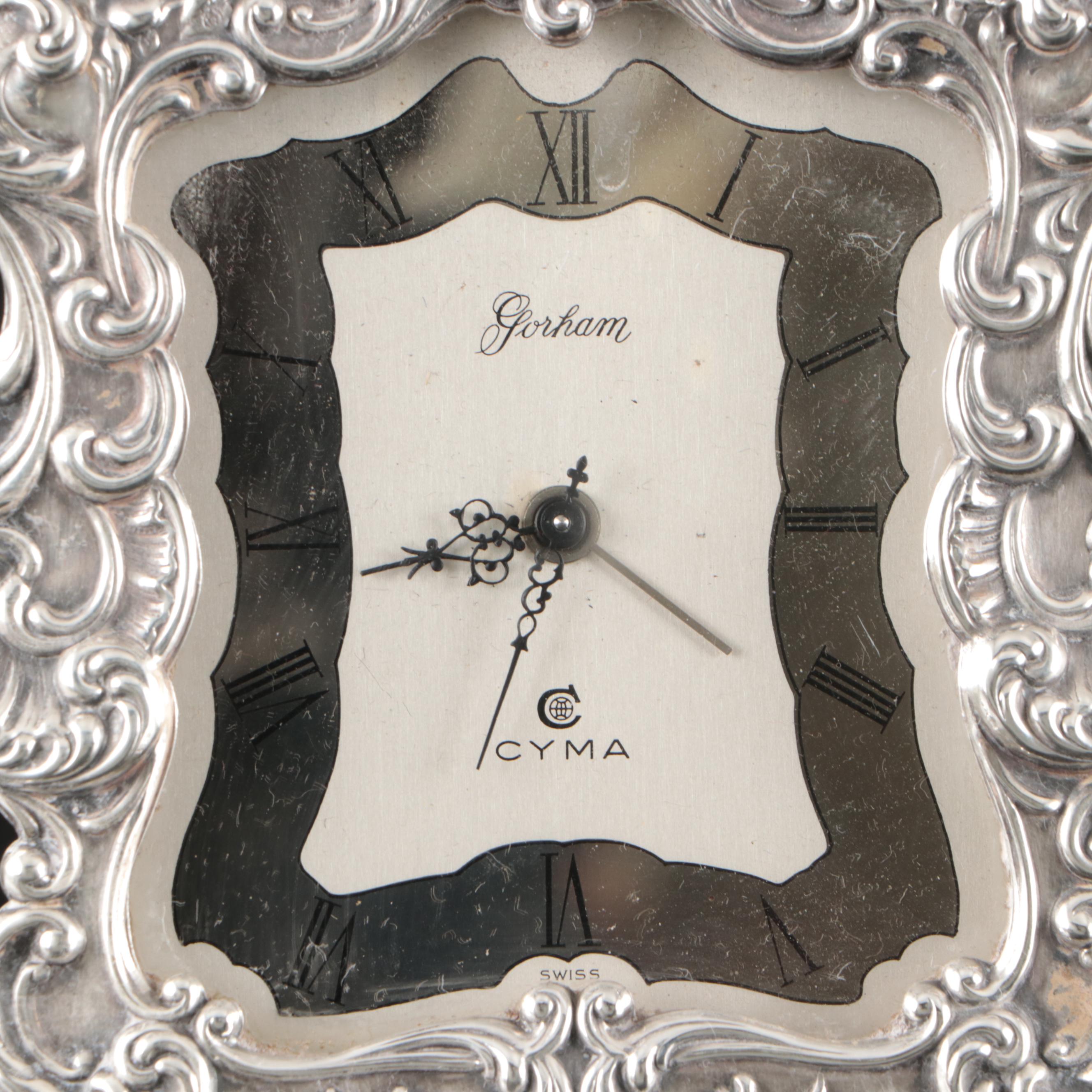 Gorham Sterling Easel Alarm Clock with Monogrammed Box and Silver Plate Box