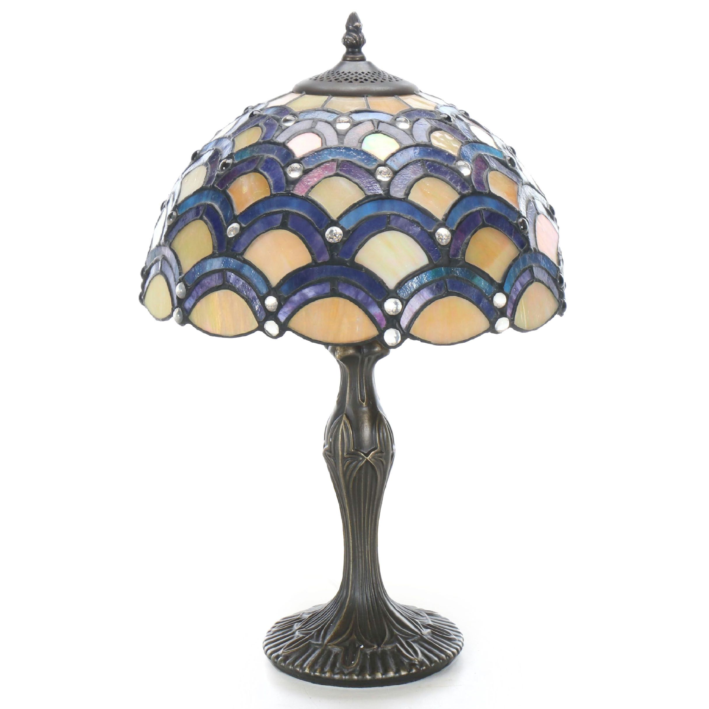 Deco Style Bronzed Spelter Table Lamp with Fish Scale Slag Glass Shade