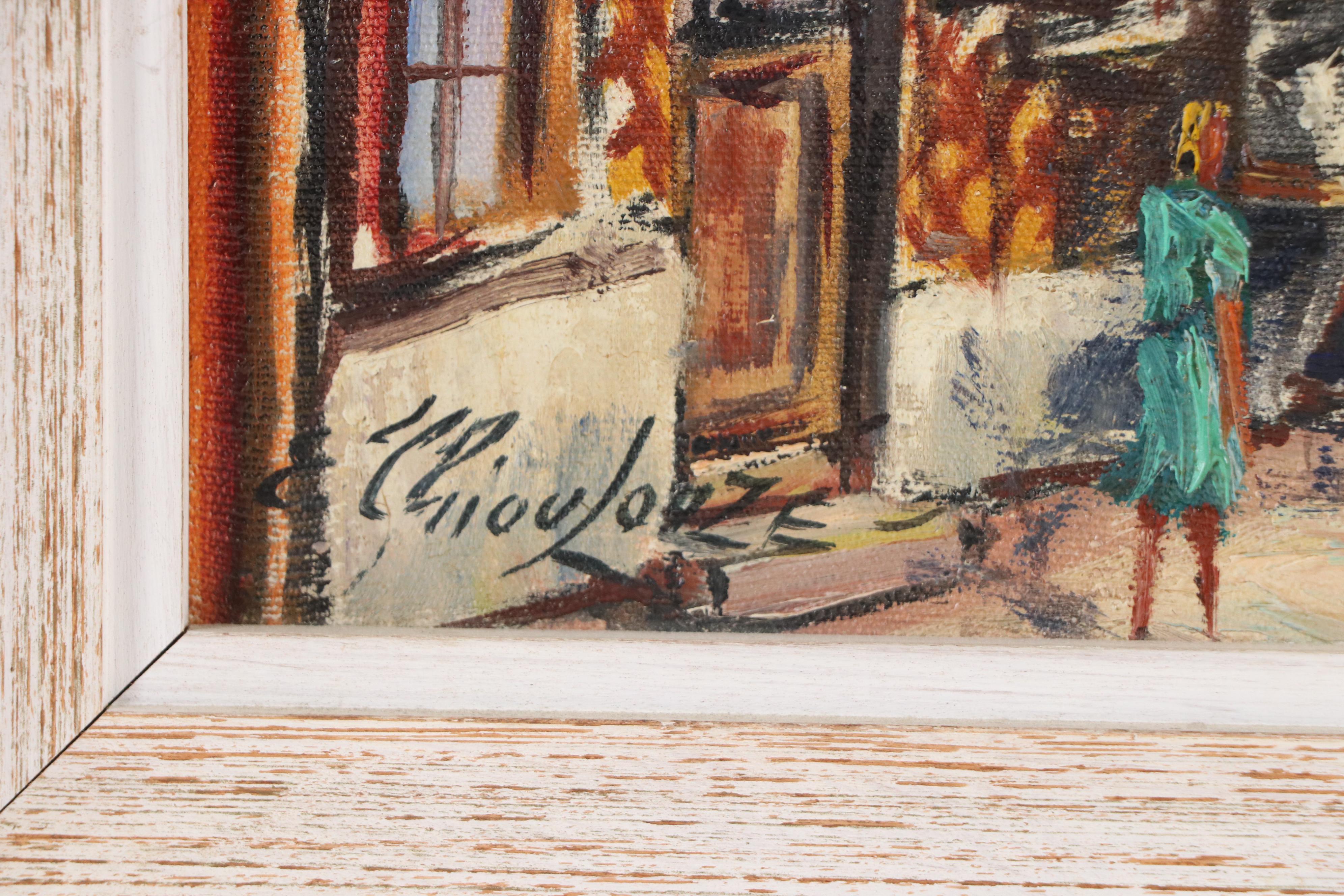 E. Chioulouze Oil Painting of European Street Scene, Mid to Late 20th Century