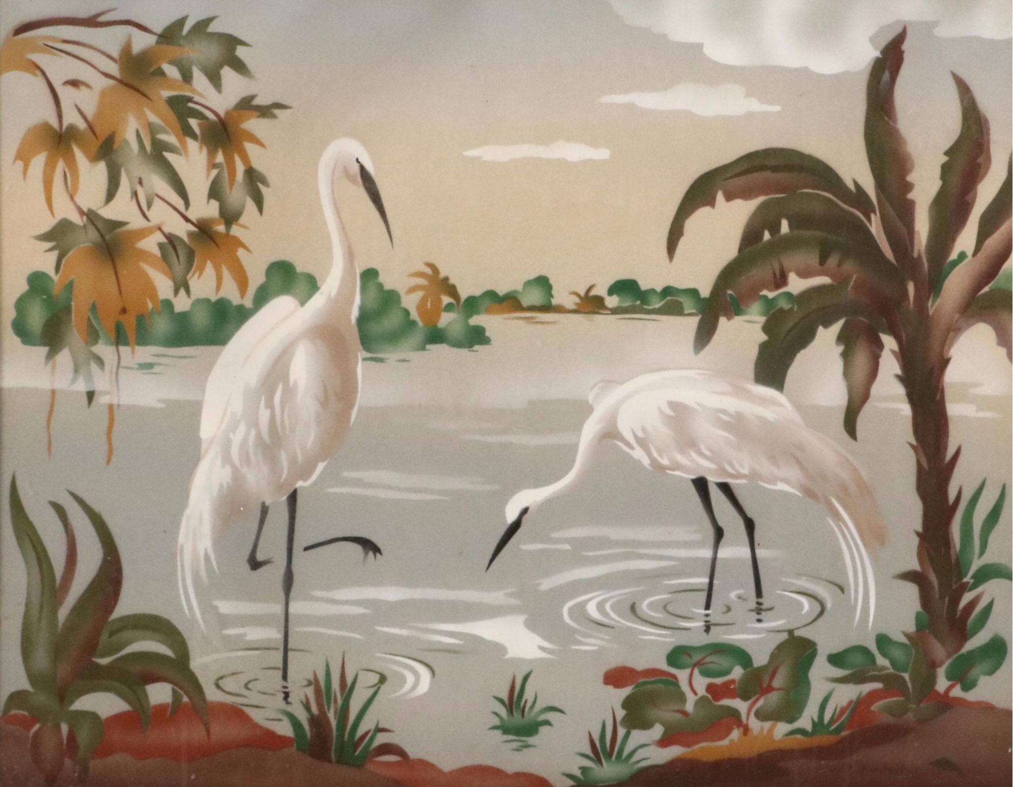 W. E. Hentschel Airbrush Painting of Egrets Along the Water, Circa 1960
