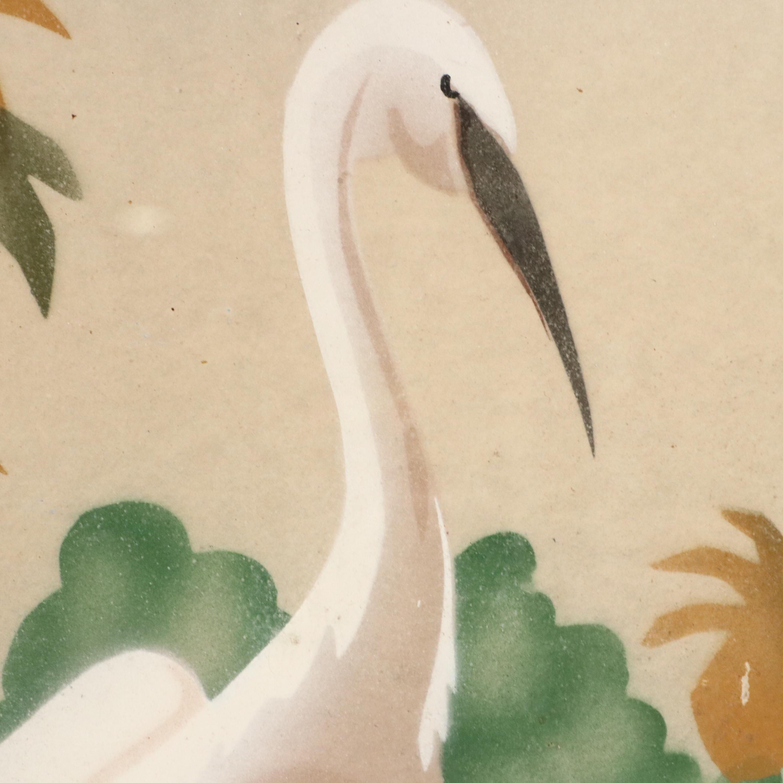 W. E. Hentschel Airbrush Painting of Egrets Along the Water, Circa 1960