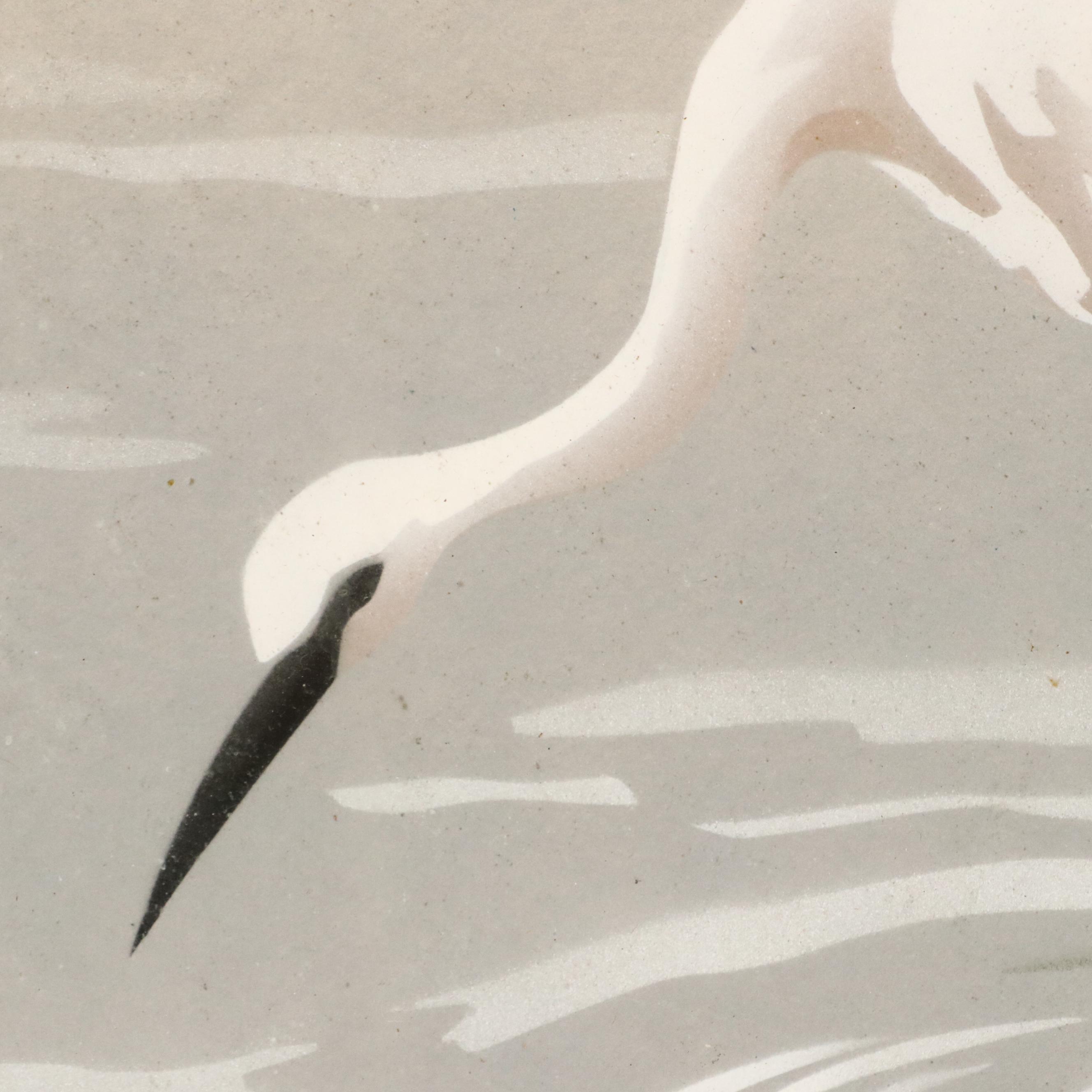 W. E. Hentschel Airbrush Painting of Egrets Along the Water, Circa 1960