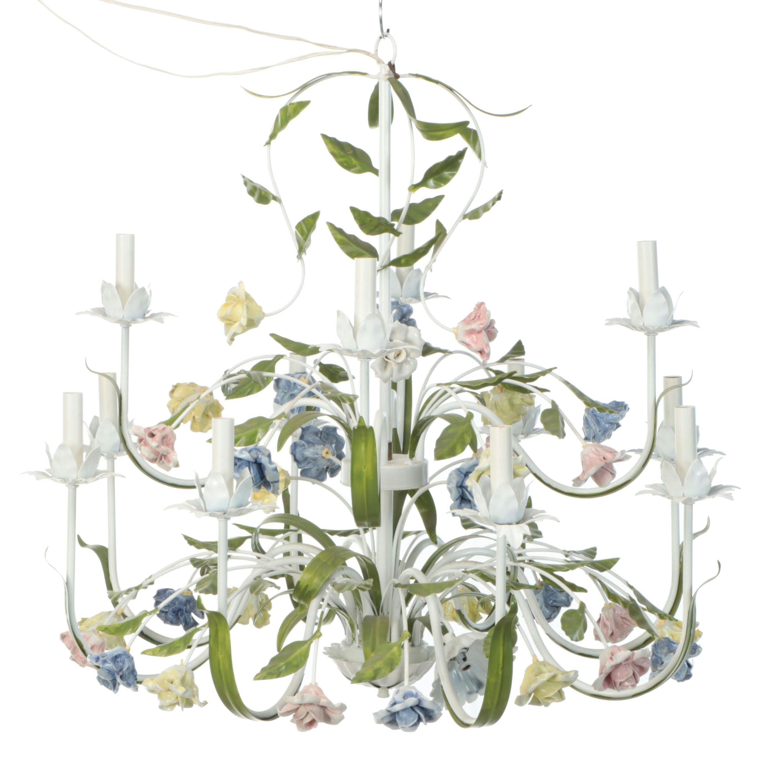 Italianate Mid Century Style Tole Painted Flower Chandelier, Vintage