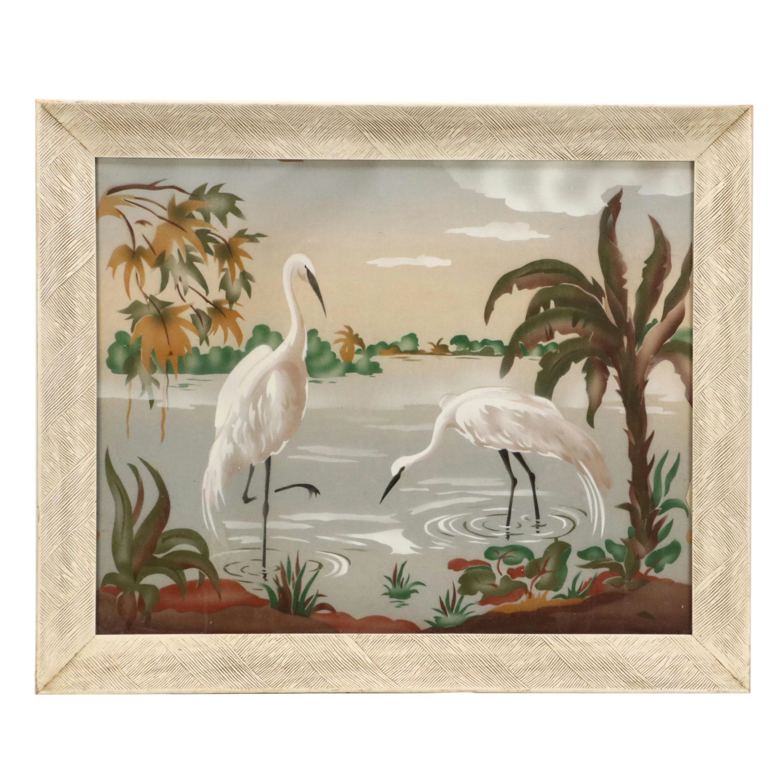 W. E. Hentschel Airbrush Painting of Egrets Along the Water, Circa 1960